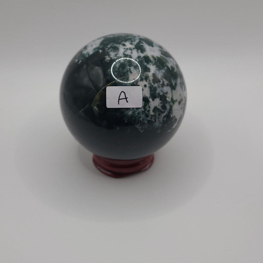 Moss Agate Sphere: Polished Grounding Crystal Ball, Witchy Decor (68.8mm, 477g)