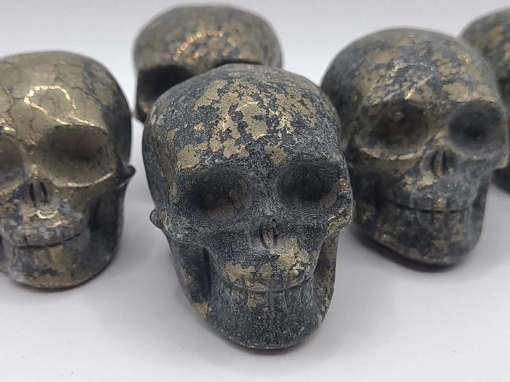 Hand Carved Pyrite Crystal Skull: Altar Decor, Abundance Stone