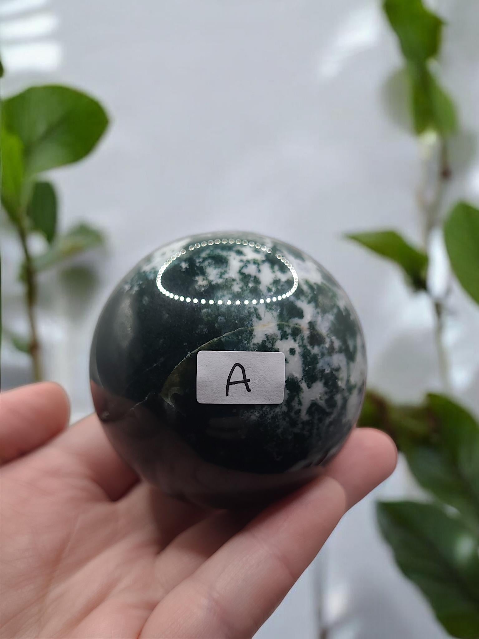 Moss Agate Sphere: Polished Grounding Crystal Ball, Witchy Decor (68.8mm, 477g)