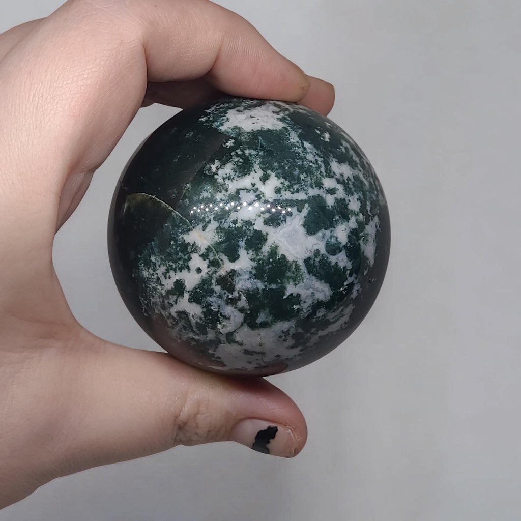 Moss Agate Sphere: Polished Grounding Crystal Ball, Witchy Decor (68.8mm, 477g)