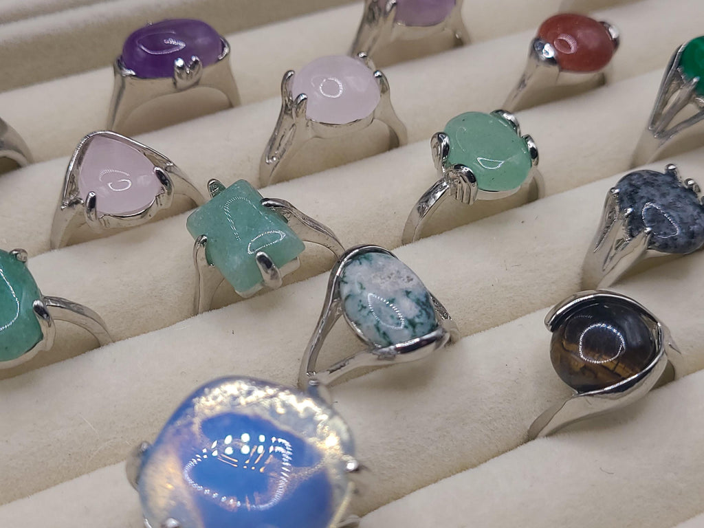 Size 9 Crystal Ring: Silver Band, Aventurine, Tiger's Eye, Opalite