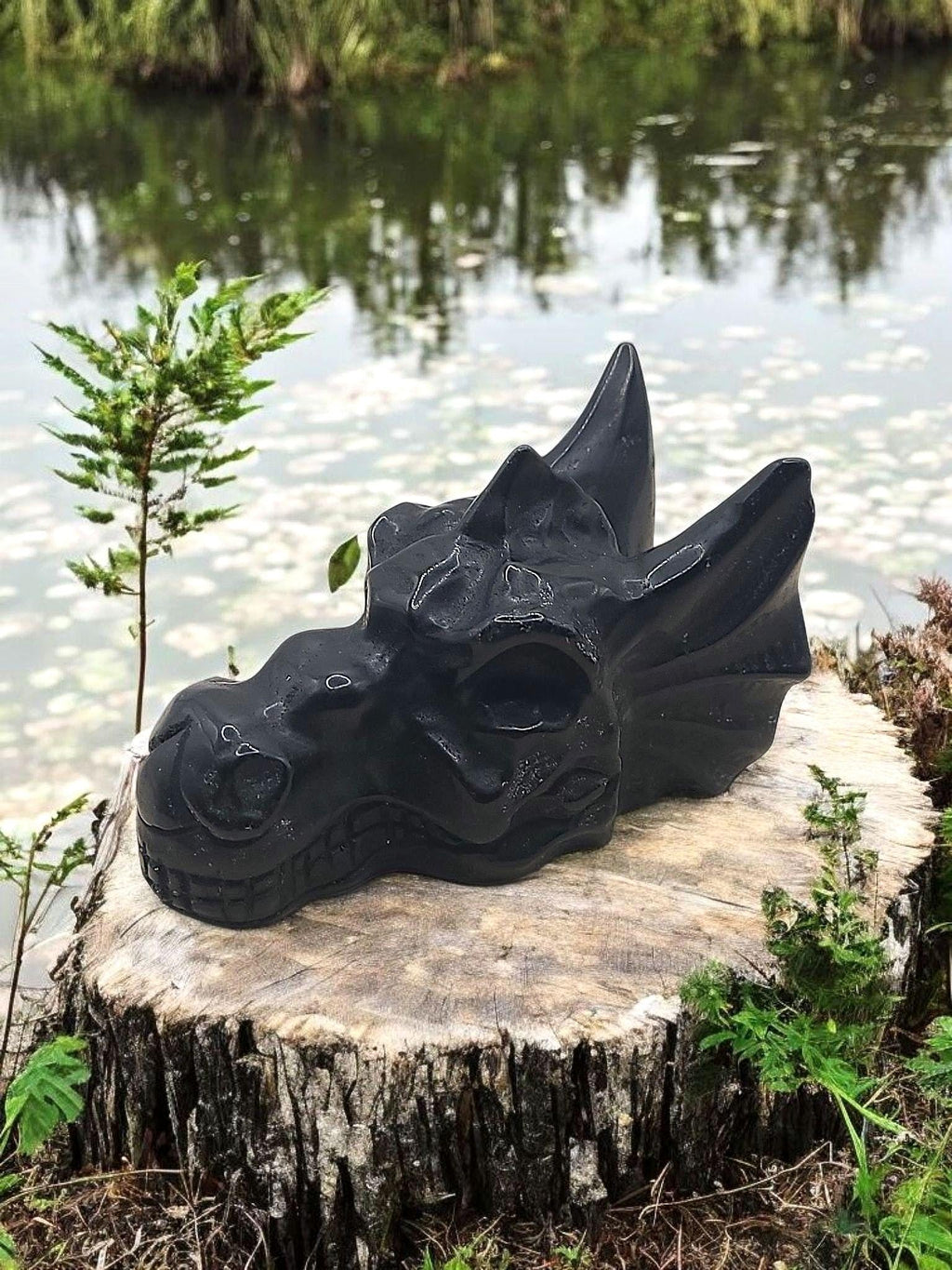 Black Obsidian Dragon Skull: Hand-carved, spooky decor