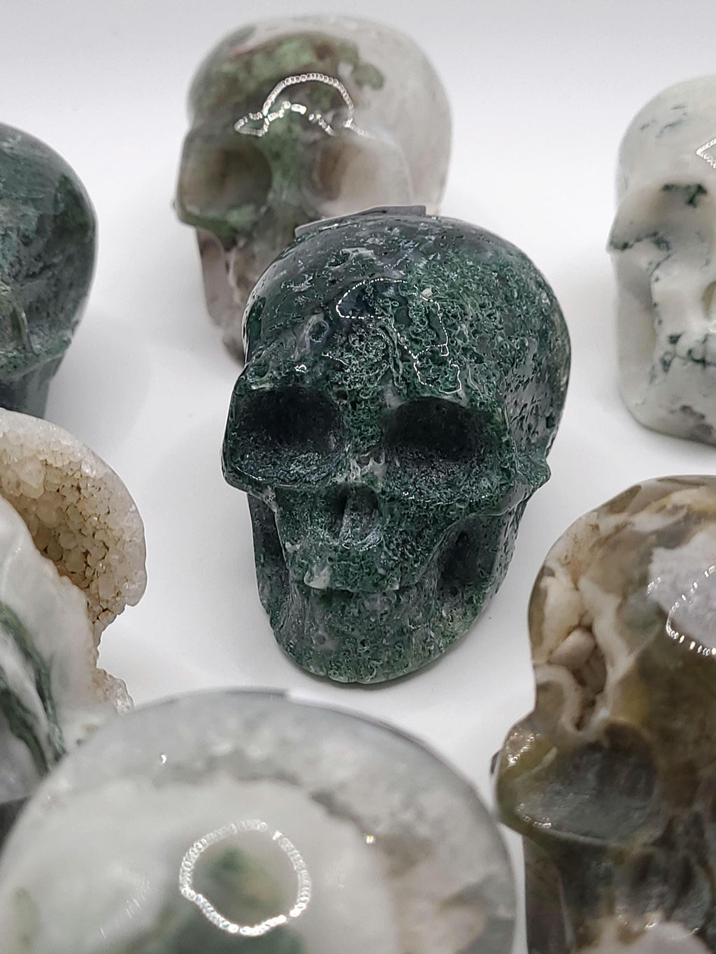 Hand Carved Moss Agate Crystal Skull: Grounding Stone, Witchy Altar Decor