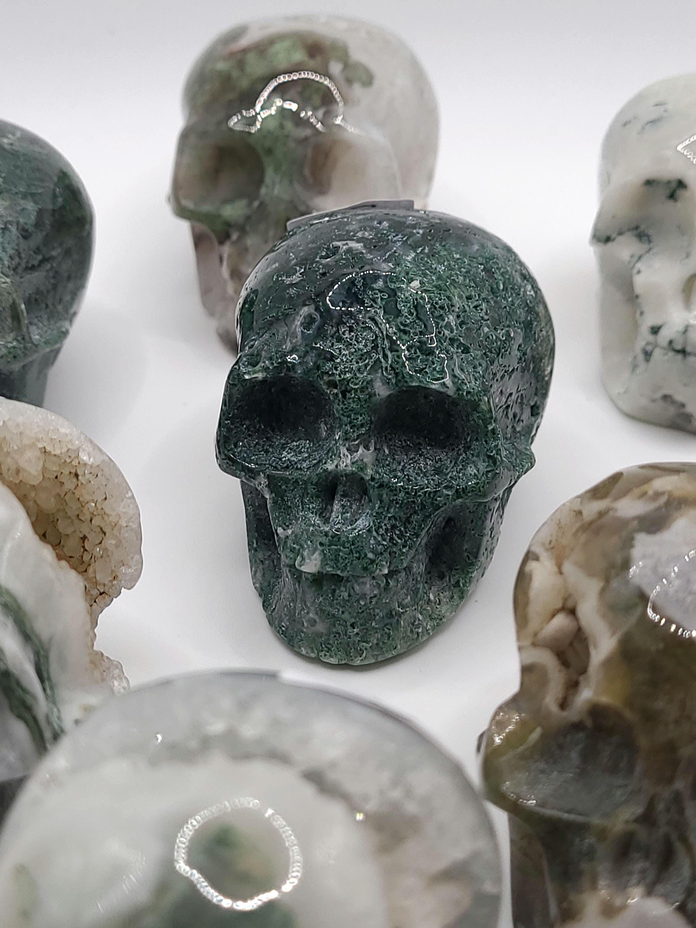 Hand Carved Moss Agate Crystal Skull: Grounding Stone, Witchy Altar Decor