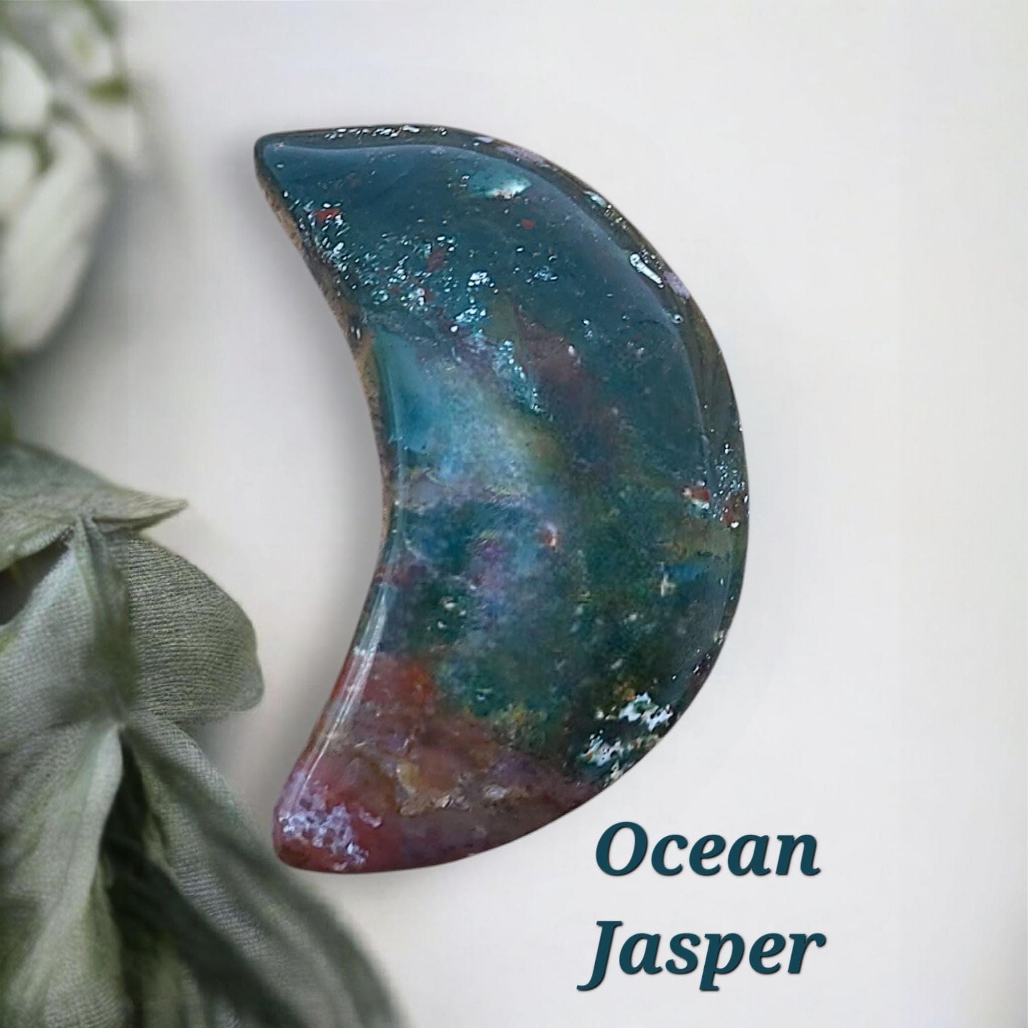 Ocean Jasper Crescent Moon  Crystal Moon Decor, Emotional Healing, Heart Chakra Gift