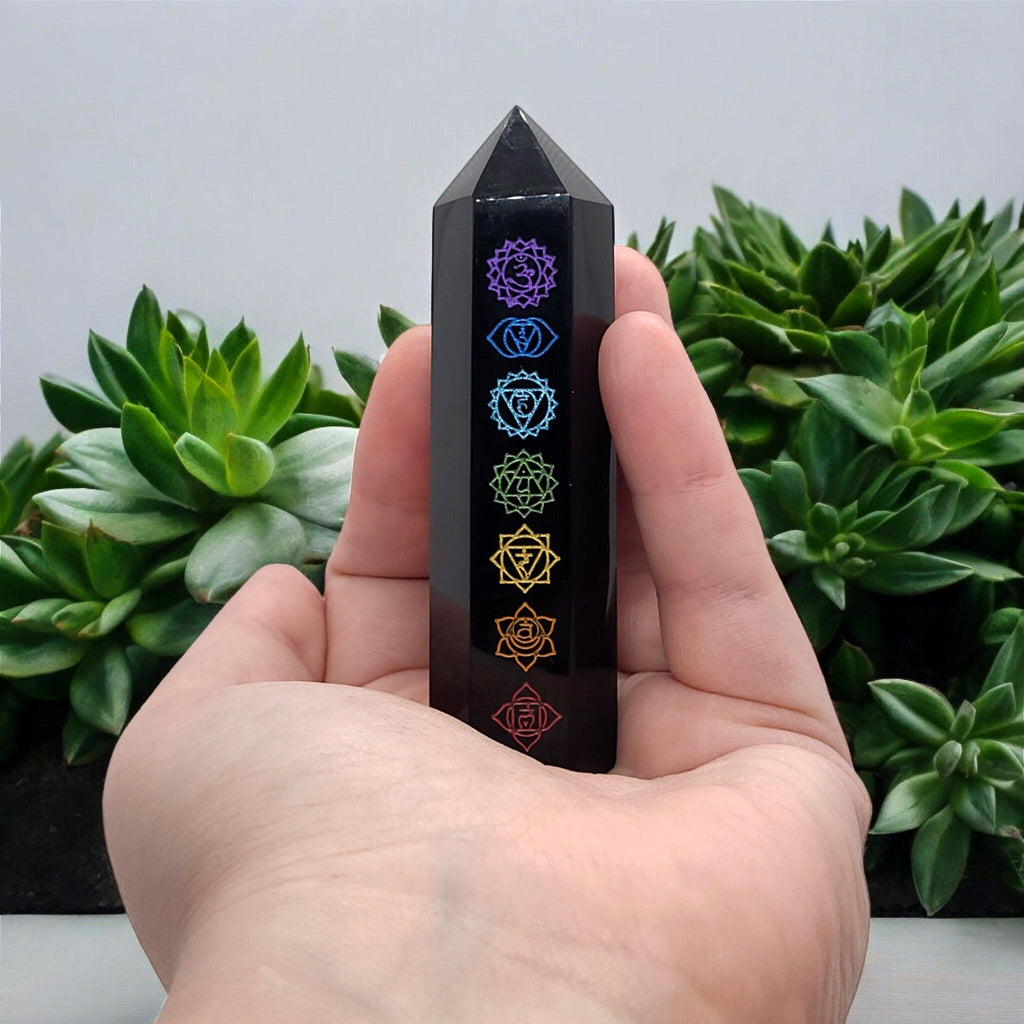Black Obsidian Chakra Tower: Reiki Healing Crystal Point