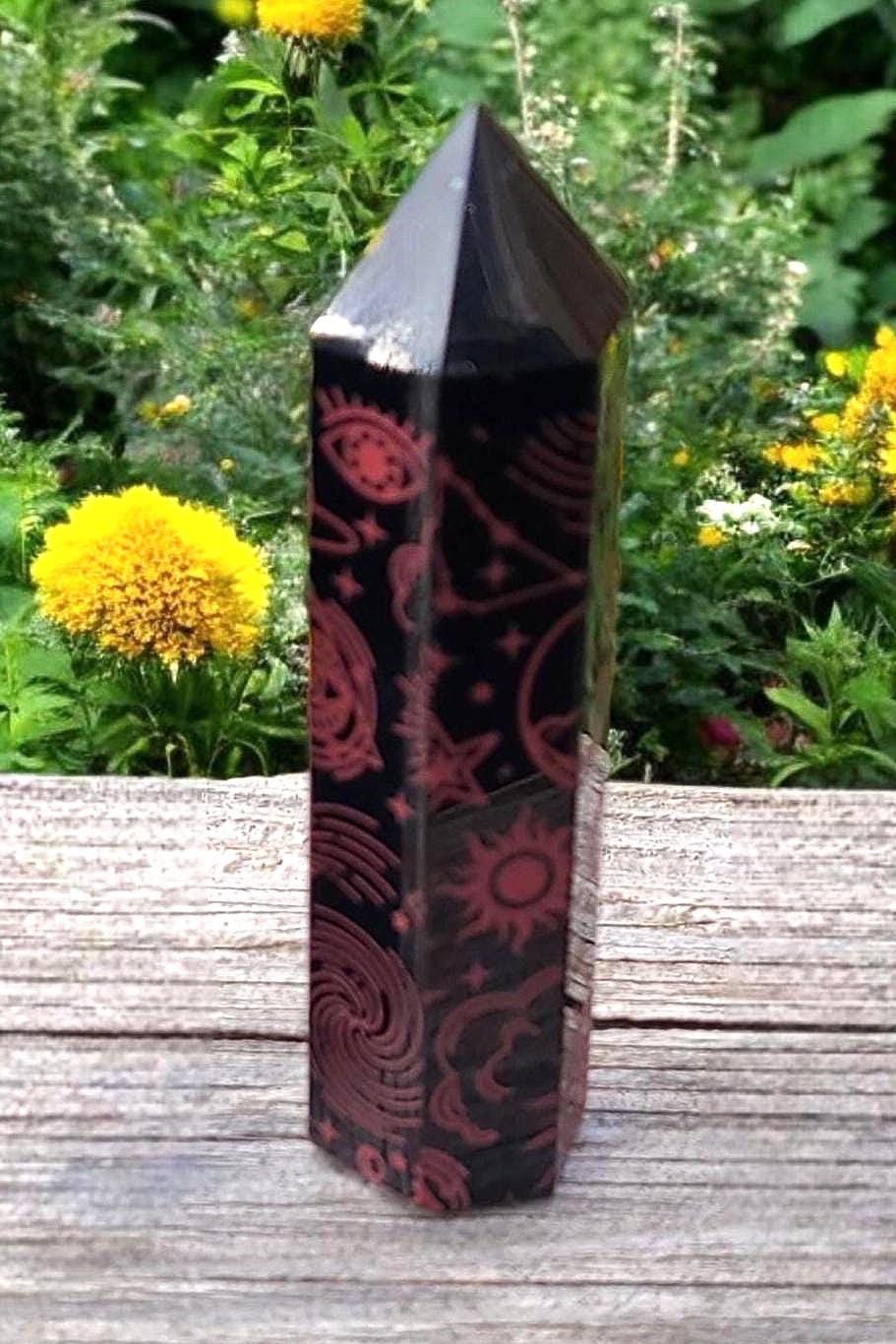 Black Obsidian Celestial Engraved Tower
