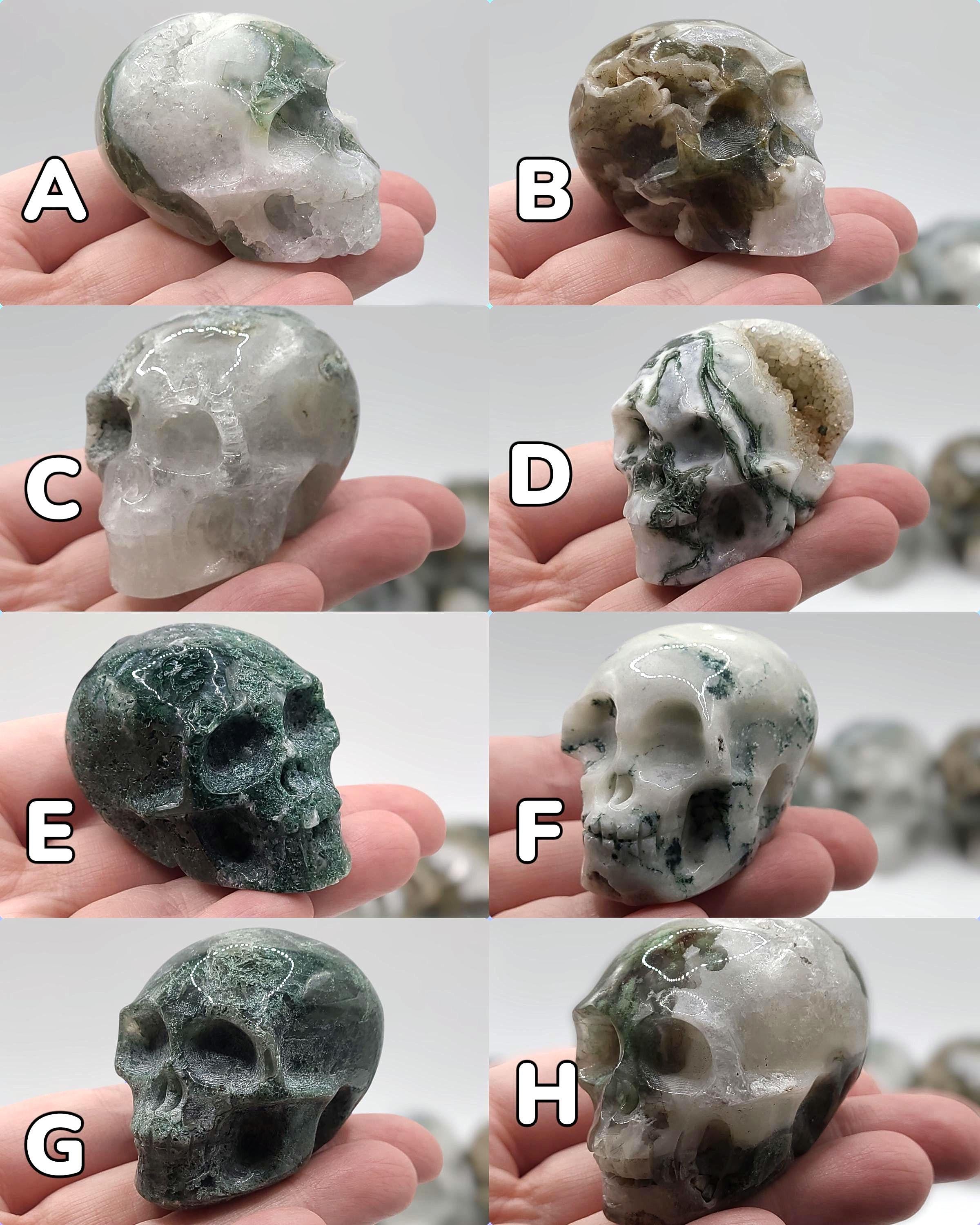 Hand Carved Moss Agate Crystal Skull: Grounding Stone, Witchy Altar Decor