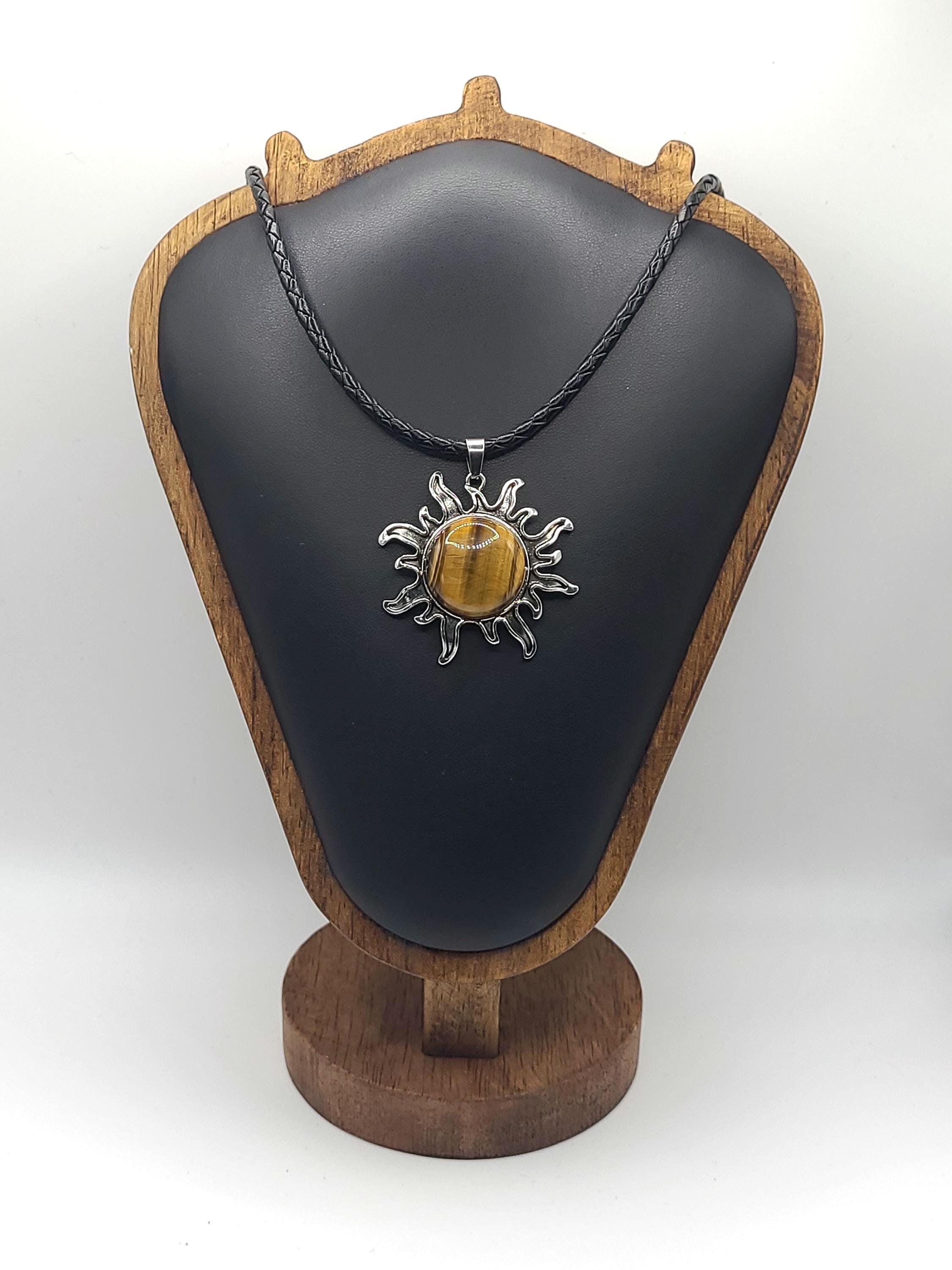 Collier Soleil Cristal sur Cordon Tressé en Simili Cuir, Bijou Pendentif Bohème