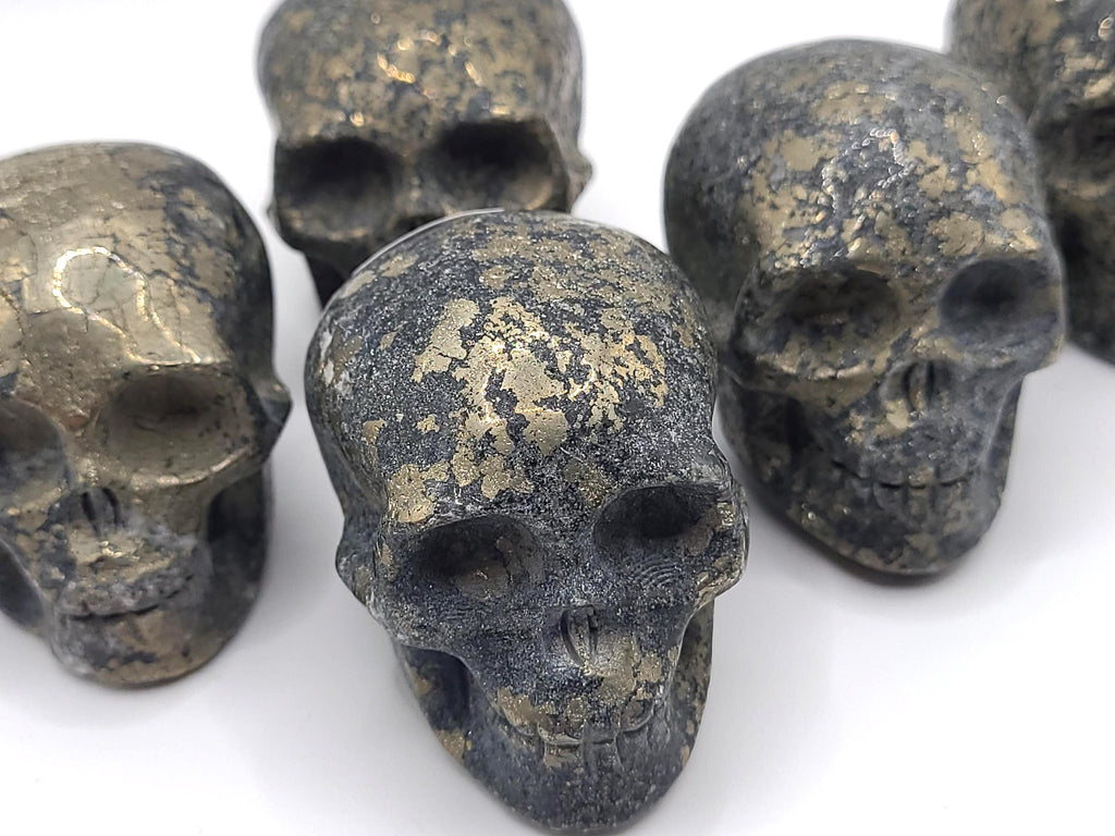 Hand Carved Pyrite Crystal Skull: Altar Decor, Abundance Stone