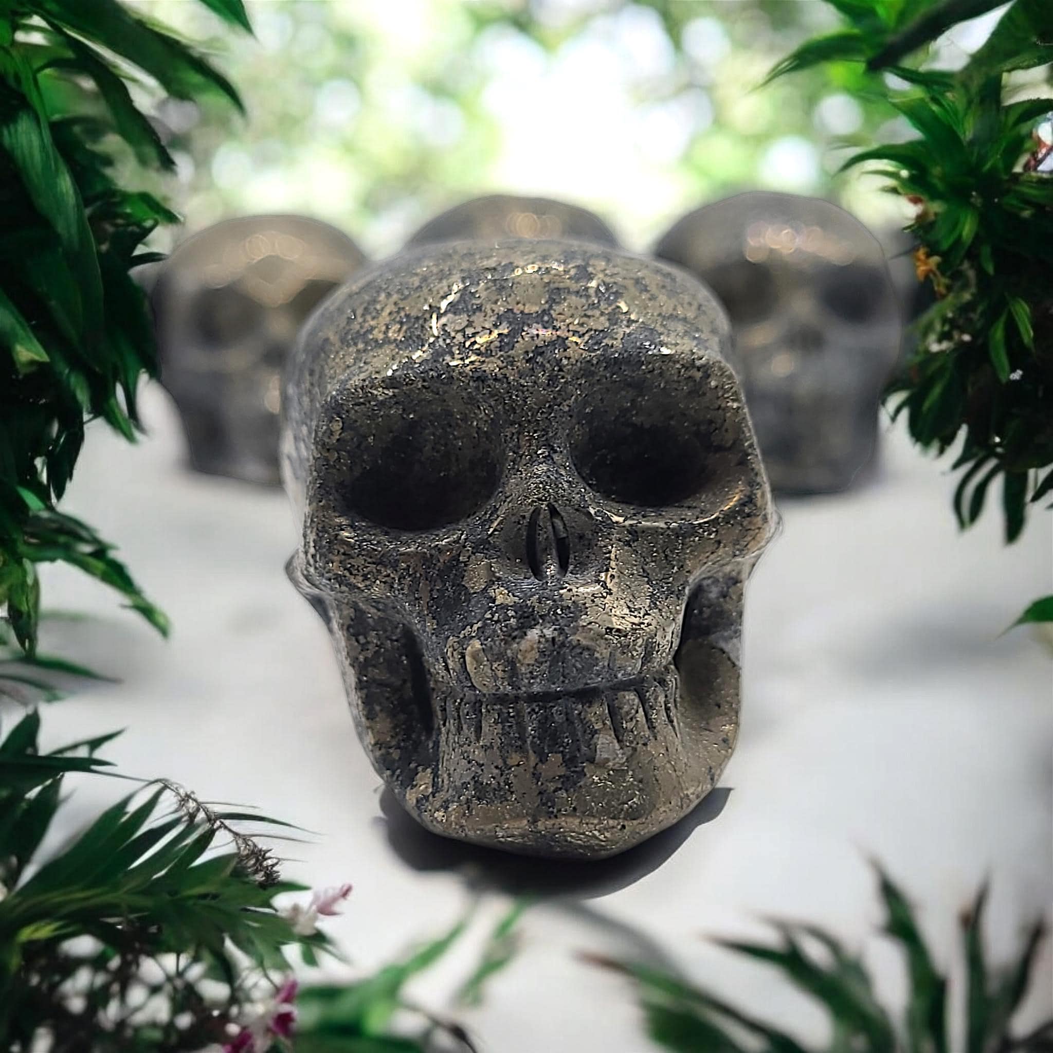 Hand Carved Pyrite Crystal Skull: Altar Decor, Abundance Stone