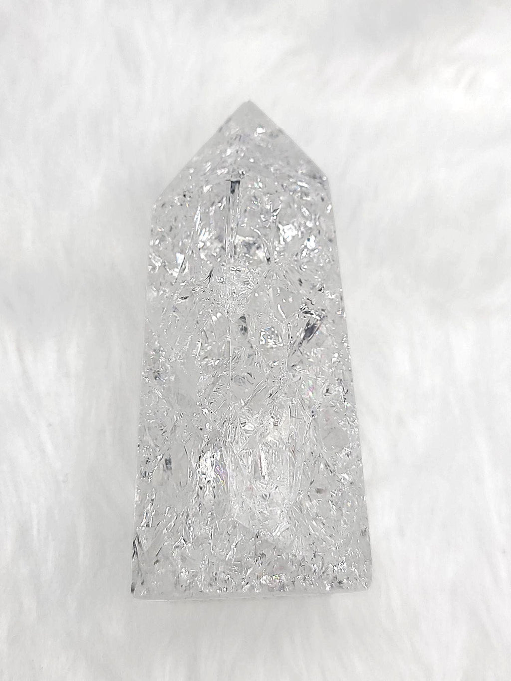 White Crackle Quartz Tower | Polished Crystal Point, Fractured Light Display, Fire and Ice Tower