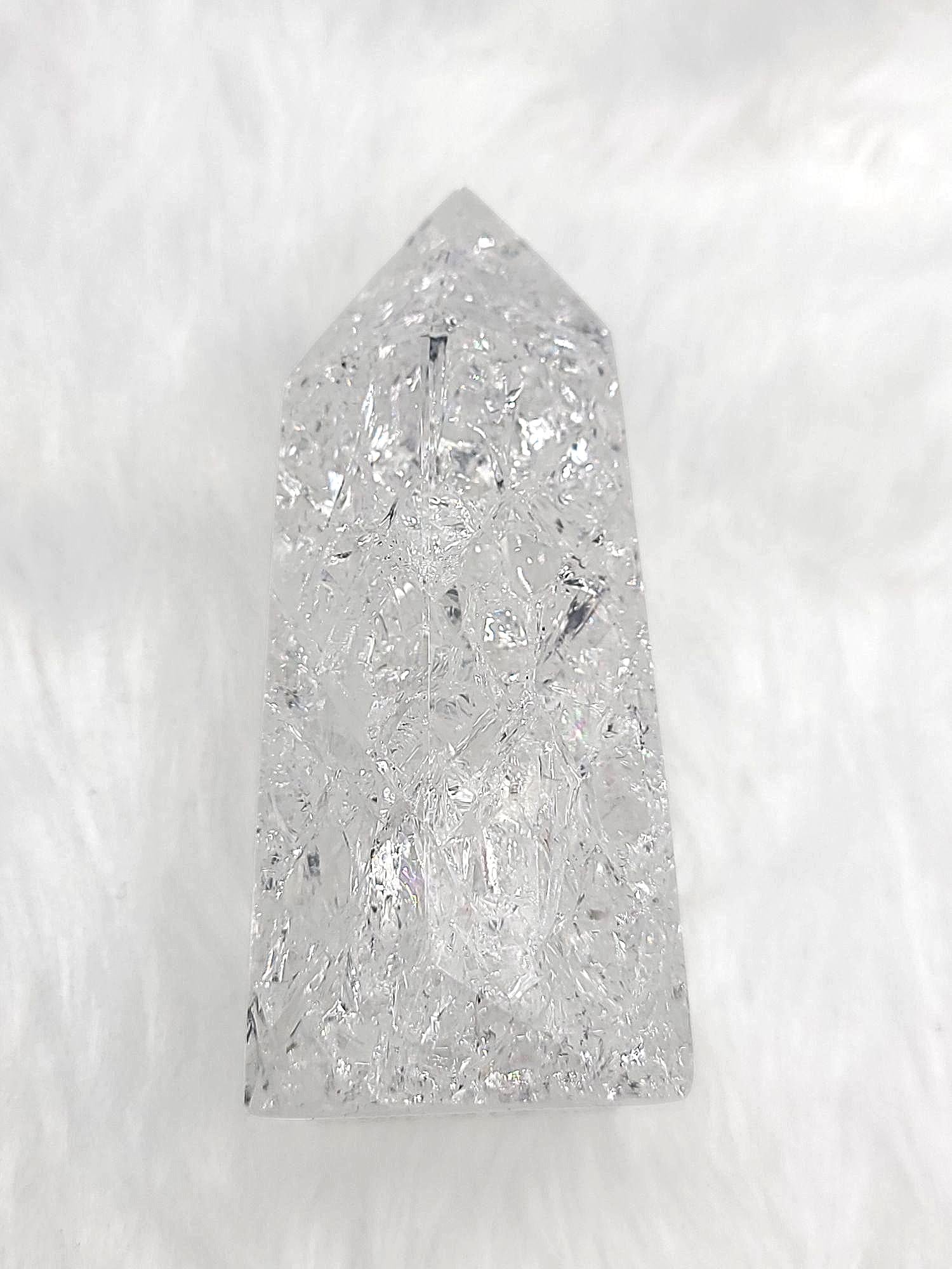 White Crackle Quartz Tower | Polished Crystal Point, Fractured Light Display, Fire and Ice Tower