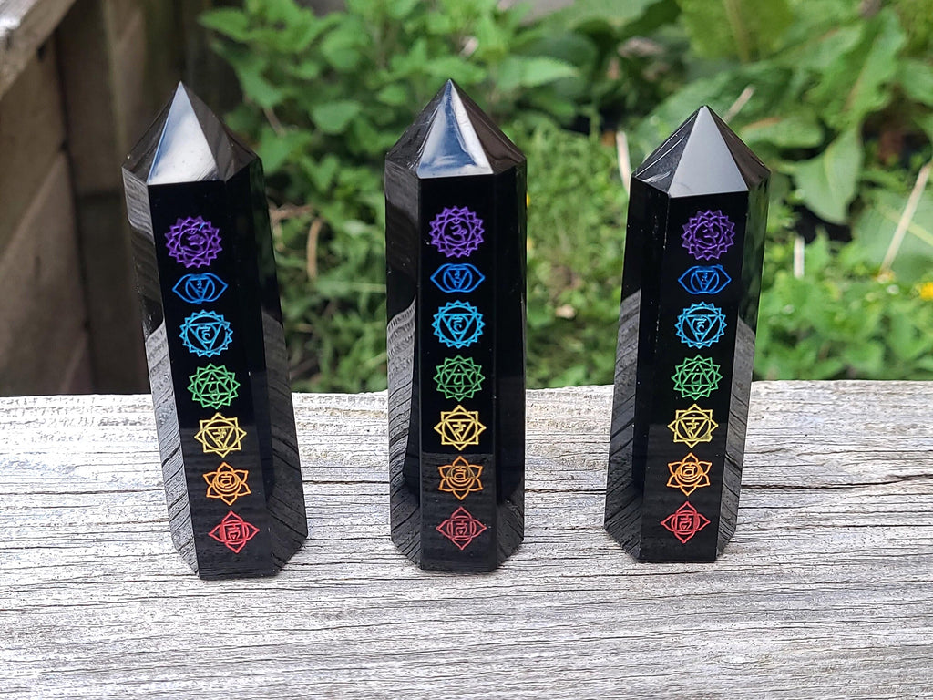 Black Obsidian Chakra Tower: Reiki Healing Crystal Point