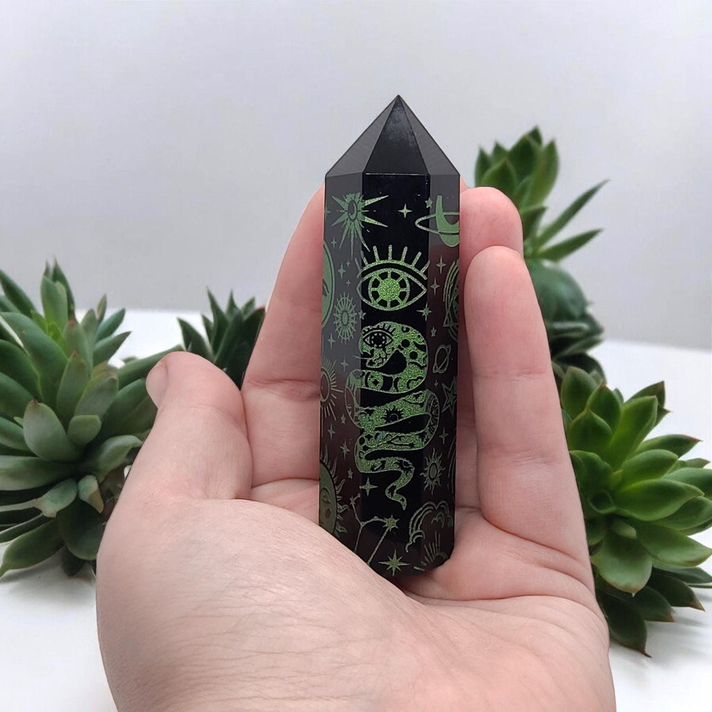 Black Obsidian Celestial Engraved Tower