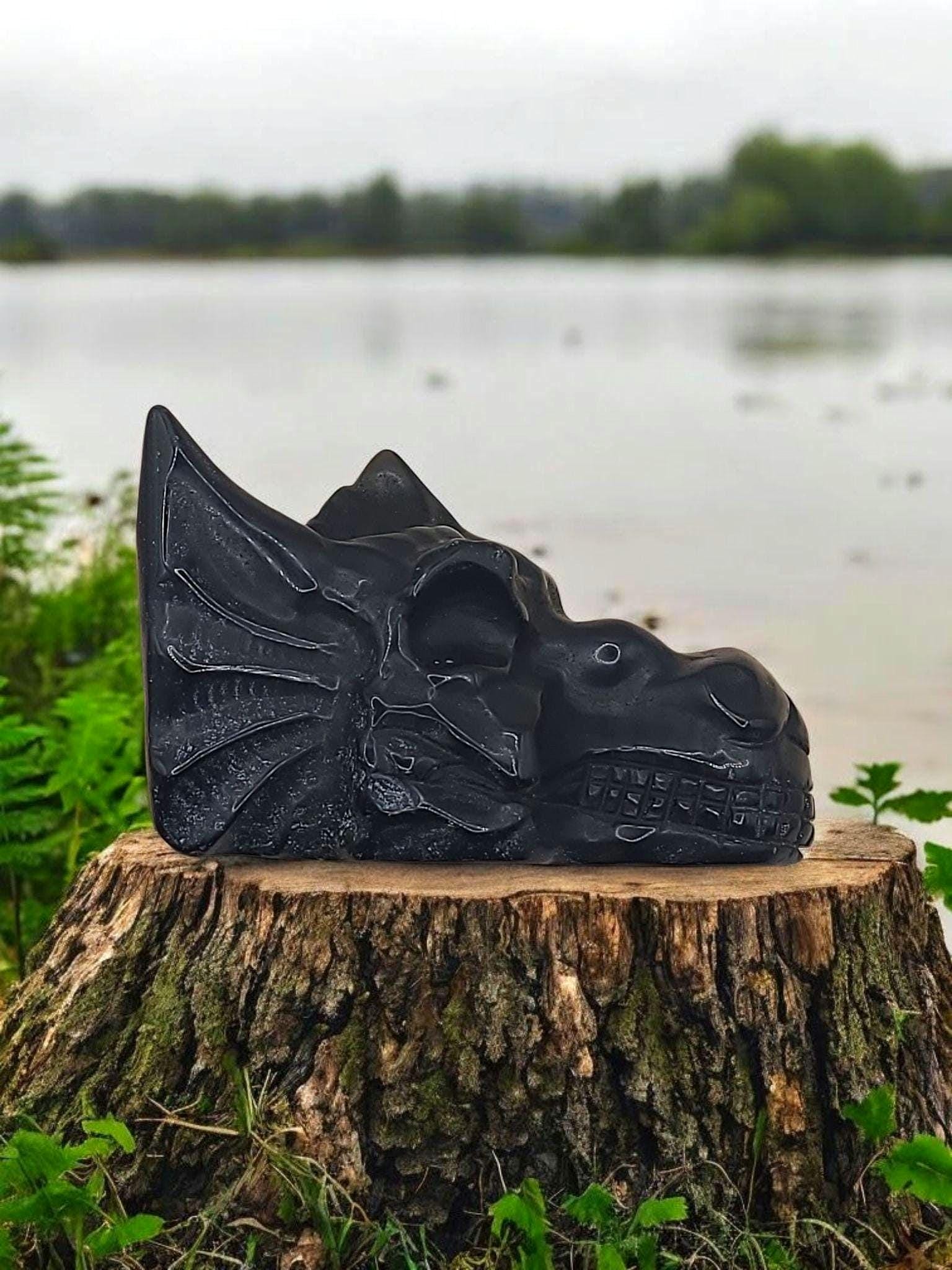 Black Obsidian Dragon Skull: Hand-carved, spooky decor