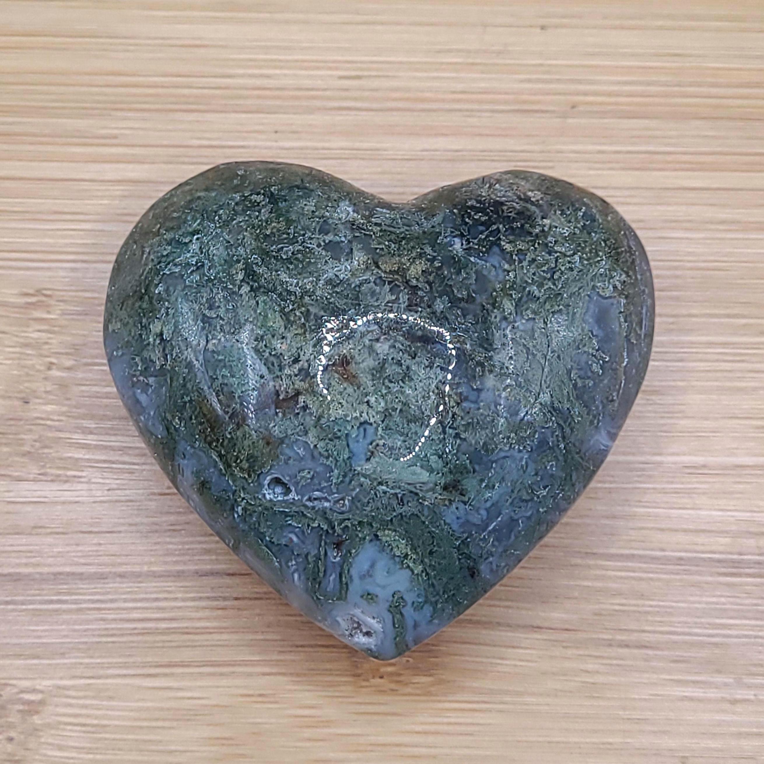 Polished Moss Agate Heart: Green Crystal for Healing & Growth