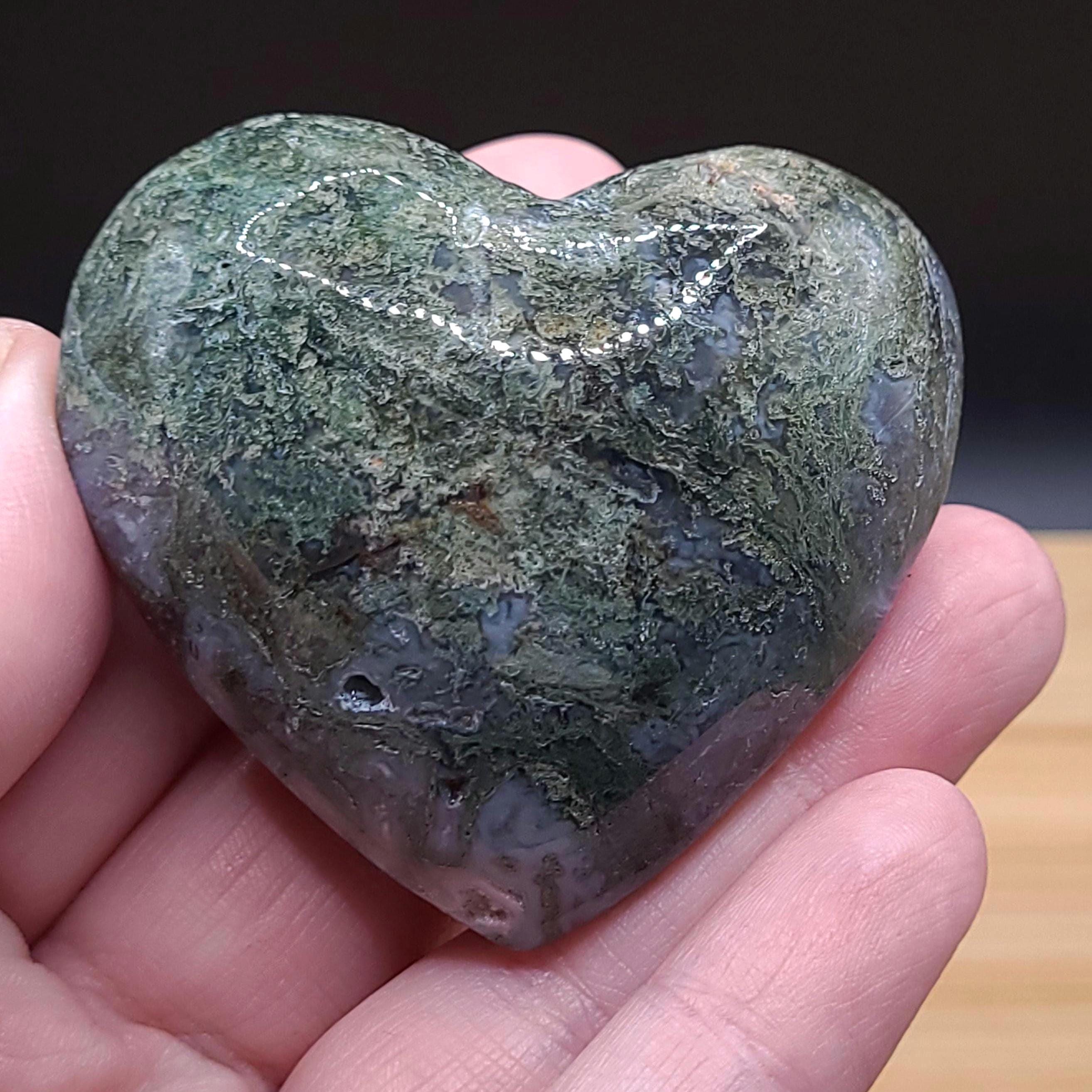 Polished Moss Agate Heart: Green Crystal for Healing & Growth