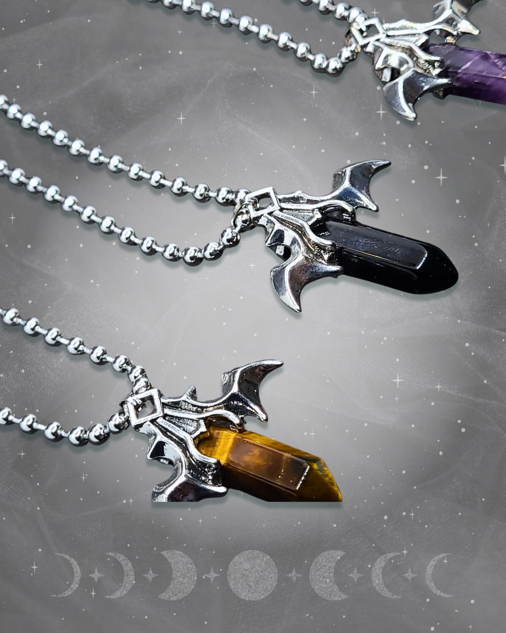 Collier Épée Chauve-Souris Gothique en Cristal : Chaîne à Billes en Acier Inoxydable