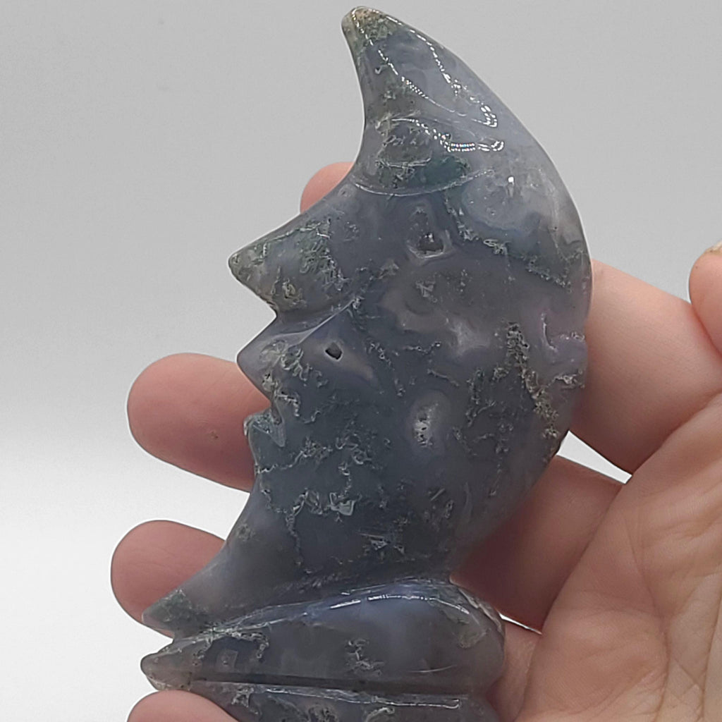 Moss Agate Moon Face Carving  Nature Crystal, Witchy Decor