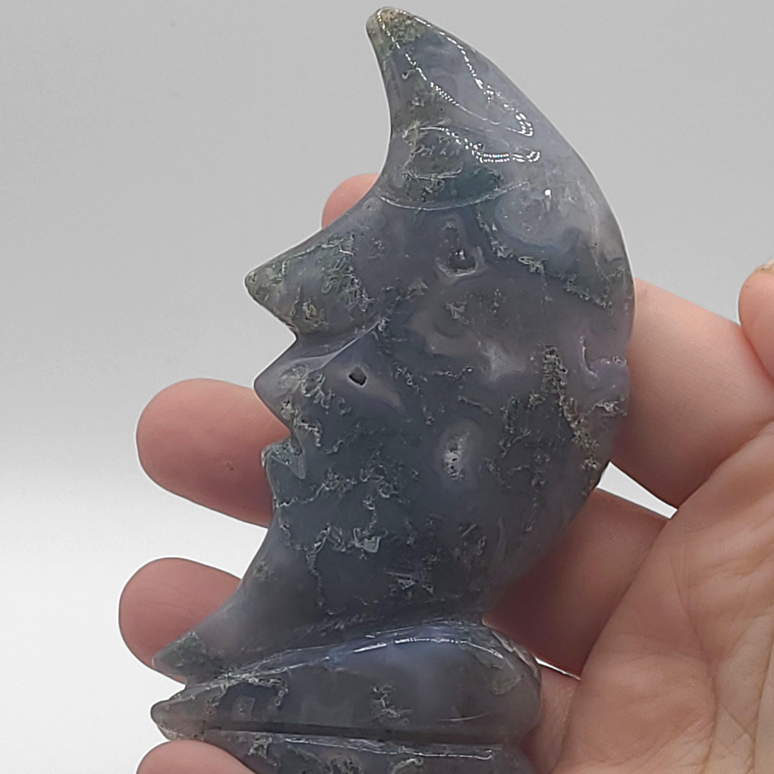 Moss Agate Moon Face Carving  Nature Crystal, Witchy Decor