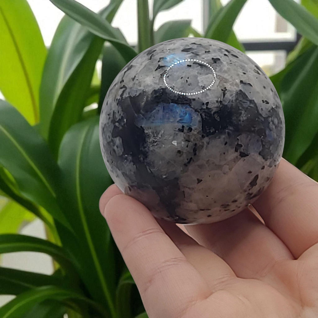 Sphère en pierre de lune arc-en-ciel : Boule de cristal polie avec support de présentation