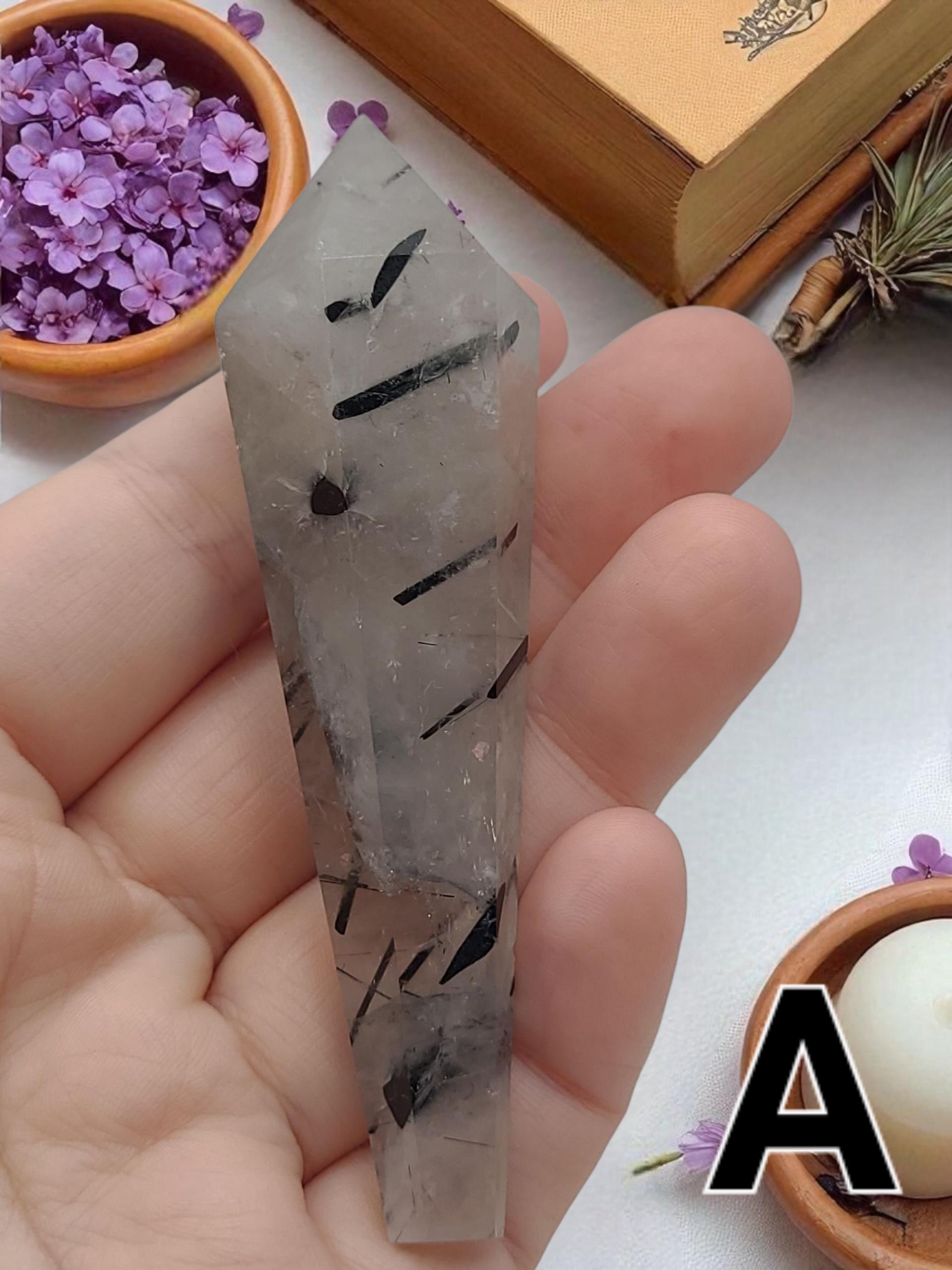 Tourmaline Quartz Crystal Wand  Polished Carved Tool for Meditation