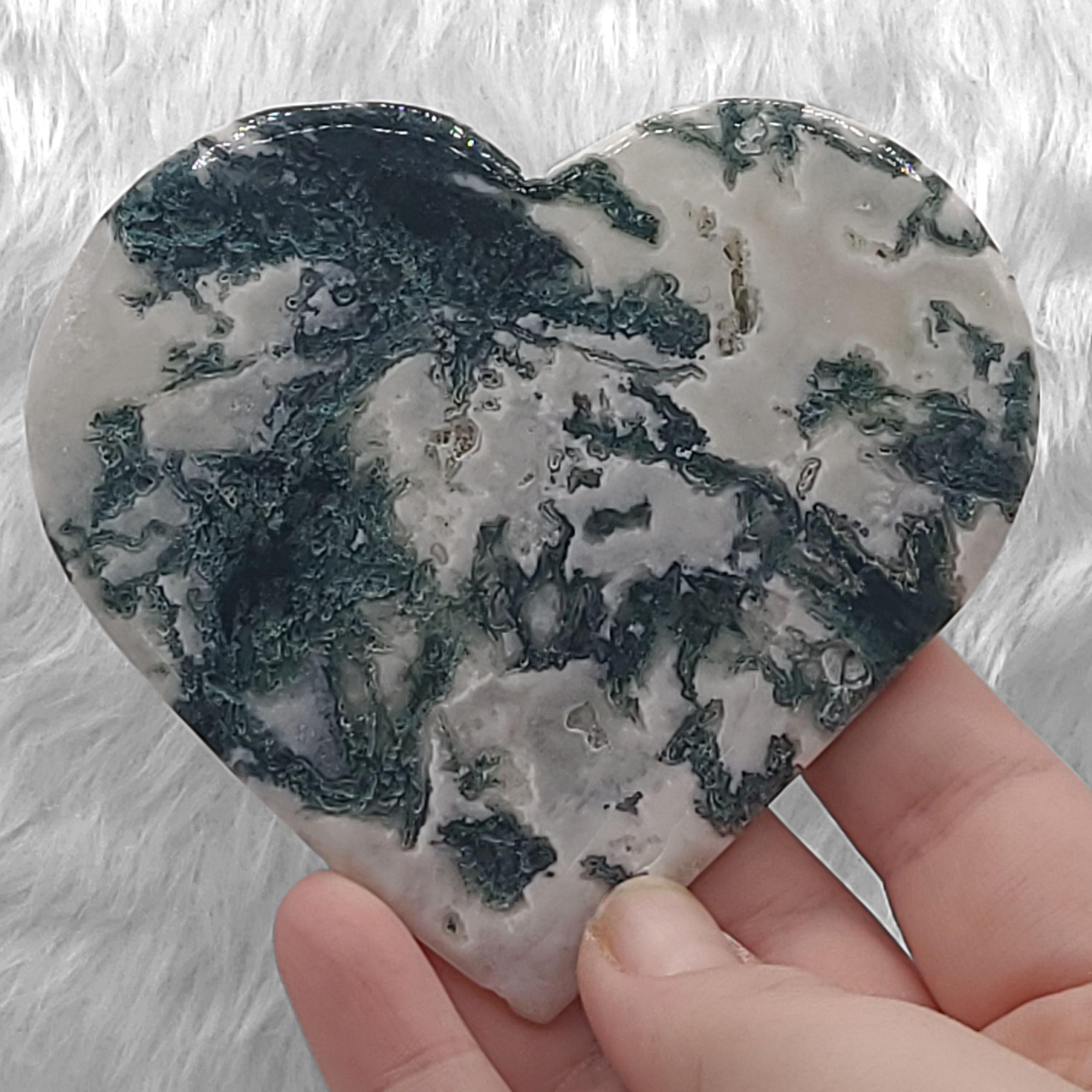 Moss Agate Heart Slab: Polished Crystal Altar Decor (3.80" x 4.05")