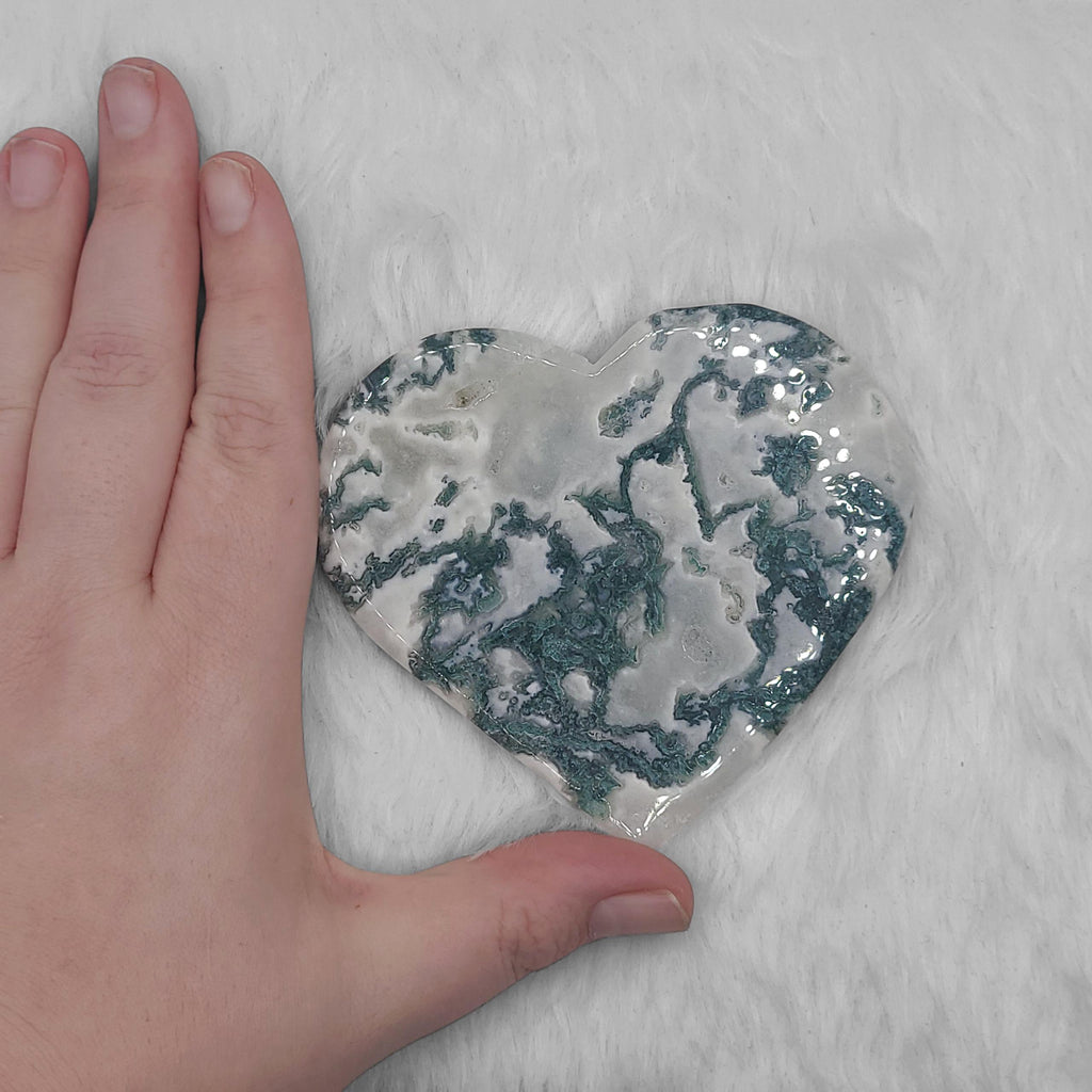 Moss Agate Heart Slab: Polished Crystal Altar Decor (3.80" x 4.05")