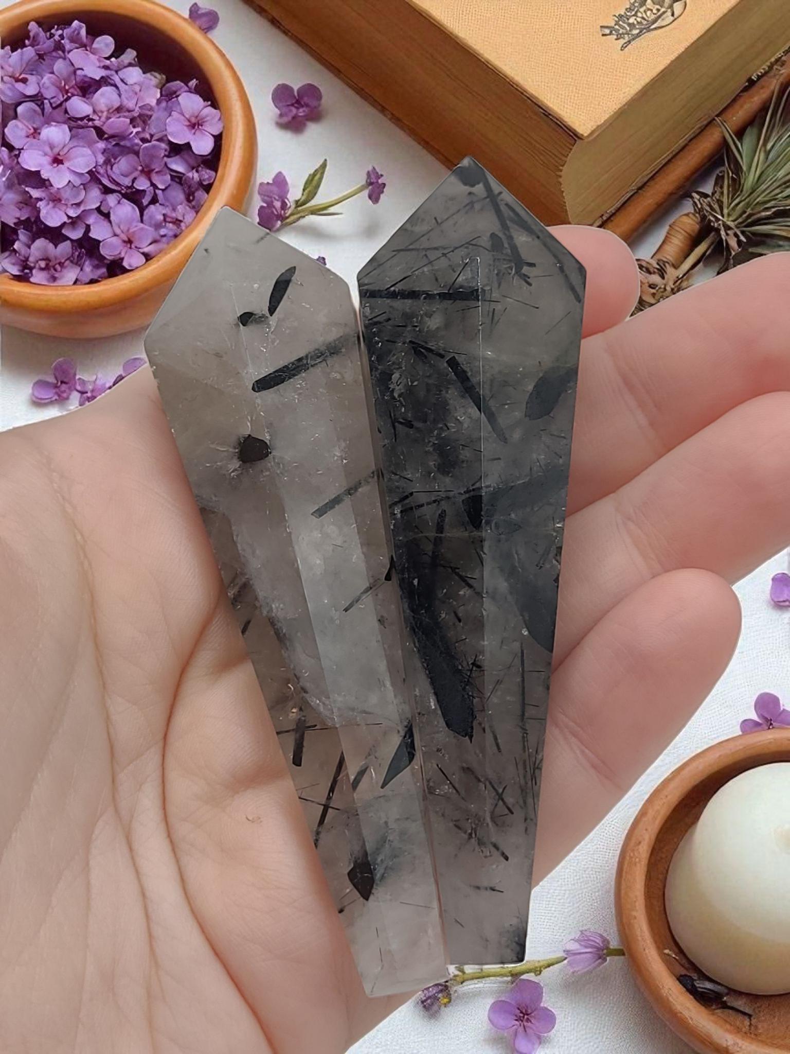 Tourmaline Quartz Crystal Wand  Polished Carved Tool for Meditation