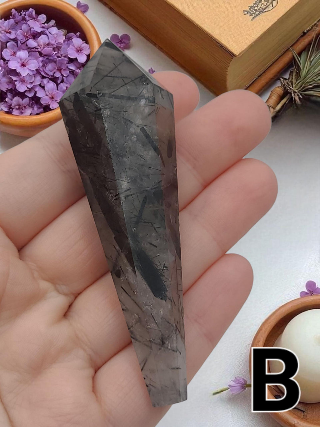 Tourmaline Quartz Crystal Wand  Polished Carved Tool for Meditation