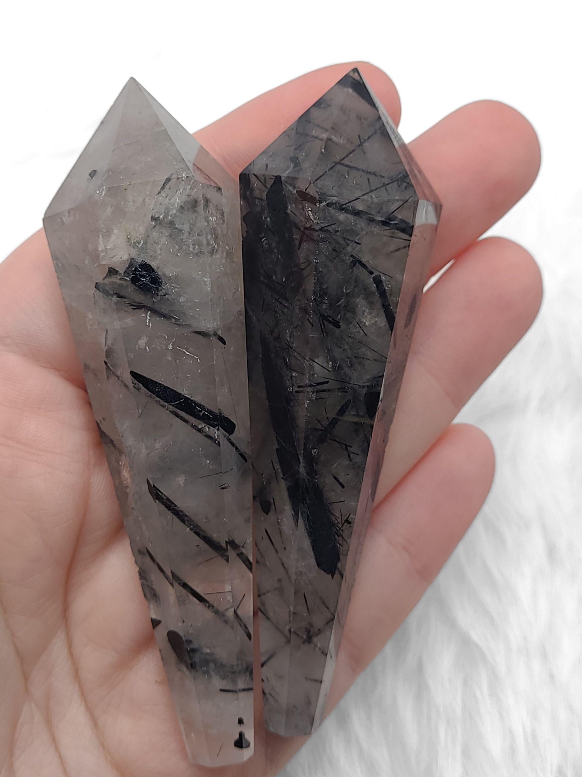 Tourmaline Quartz Crystal Wand  Polished Carved Tool for Meditation