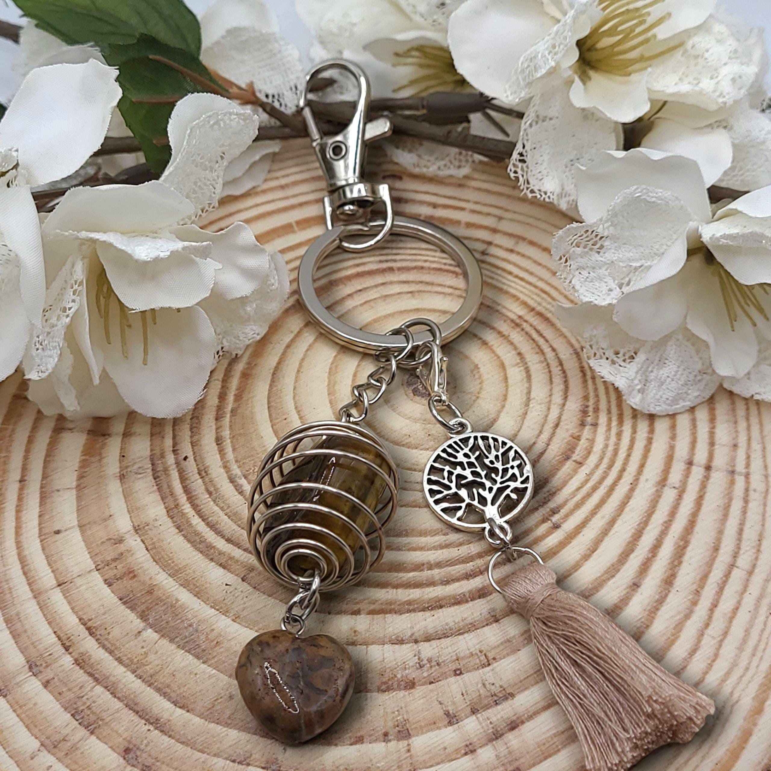 Crystal Cage Keychain: Gemstone Tassel Keyring - Tree of Life Charm