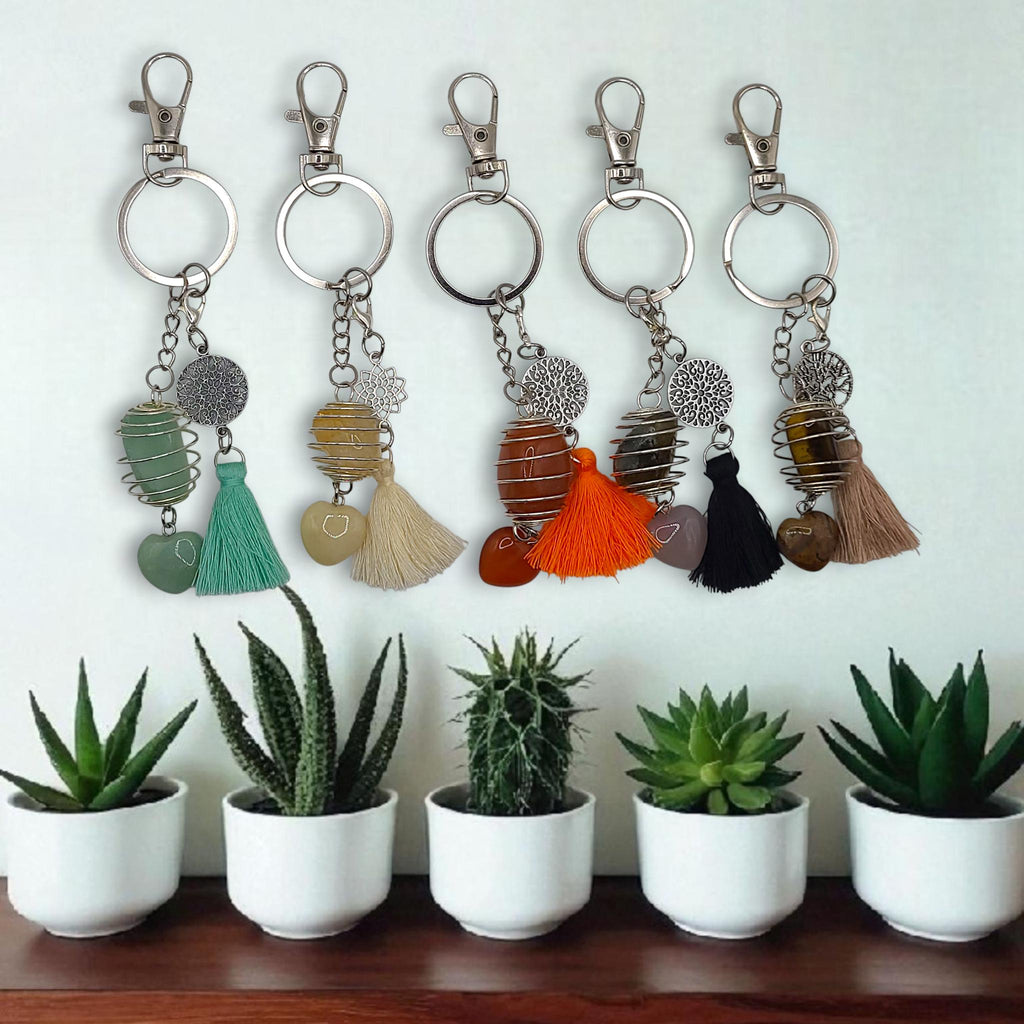 Crystal Cage Keychain: Gemstone Tassel Keyring - Tree of Life Charm