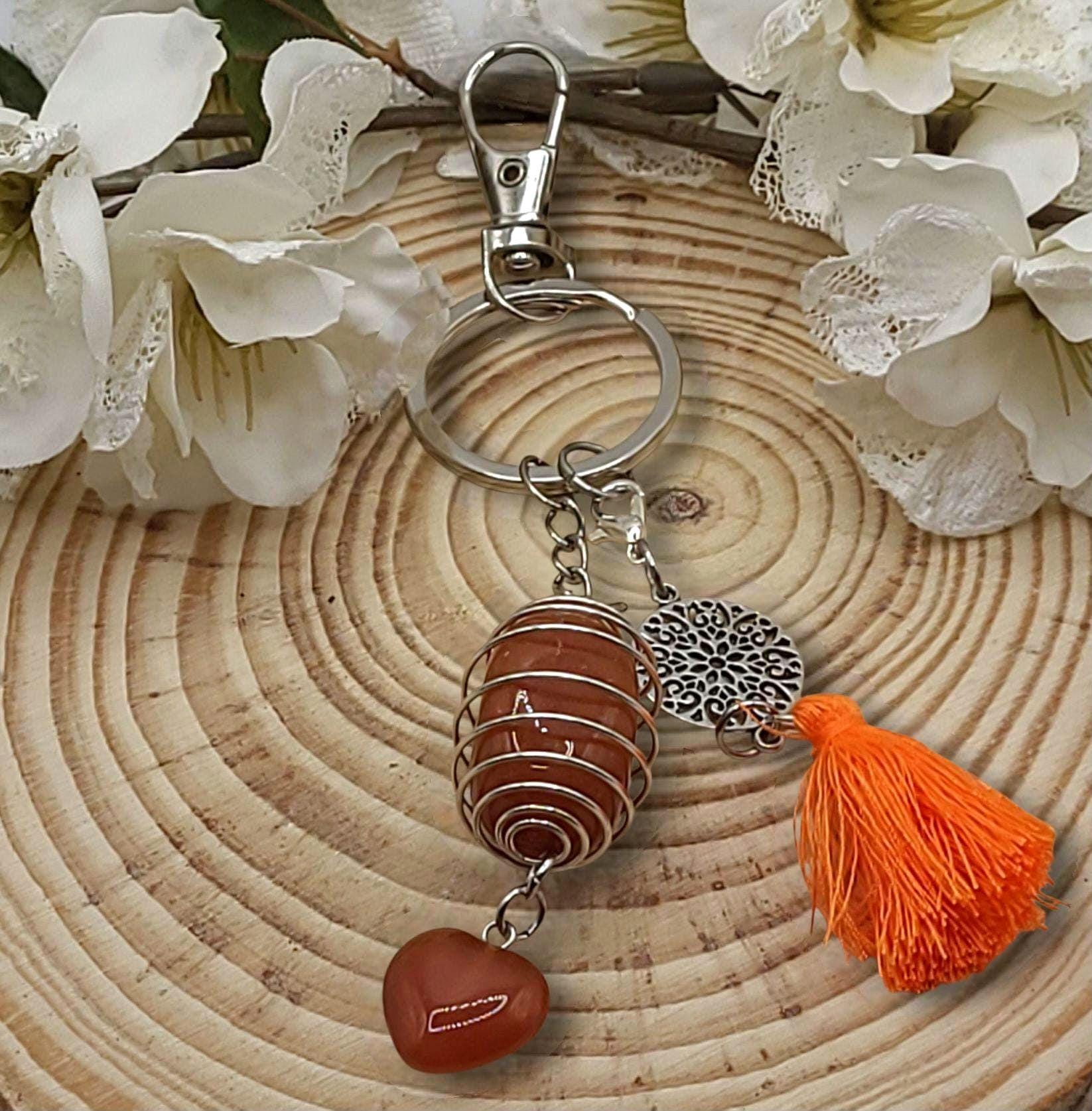 Crystal Cage Keychain: Gemstone Tassel Keyring - Tree of Life Charm