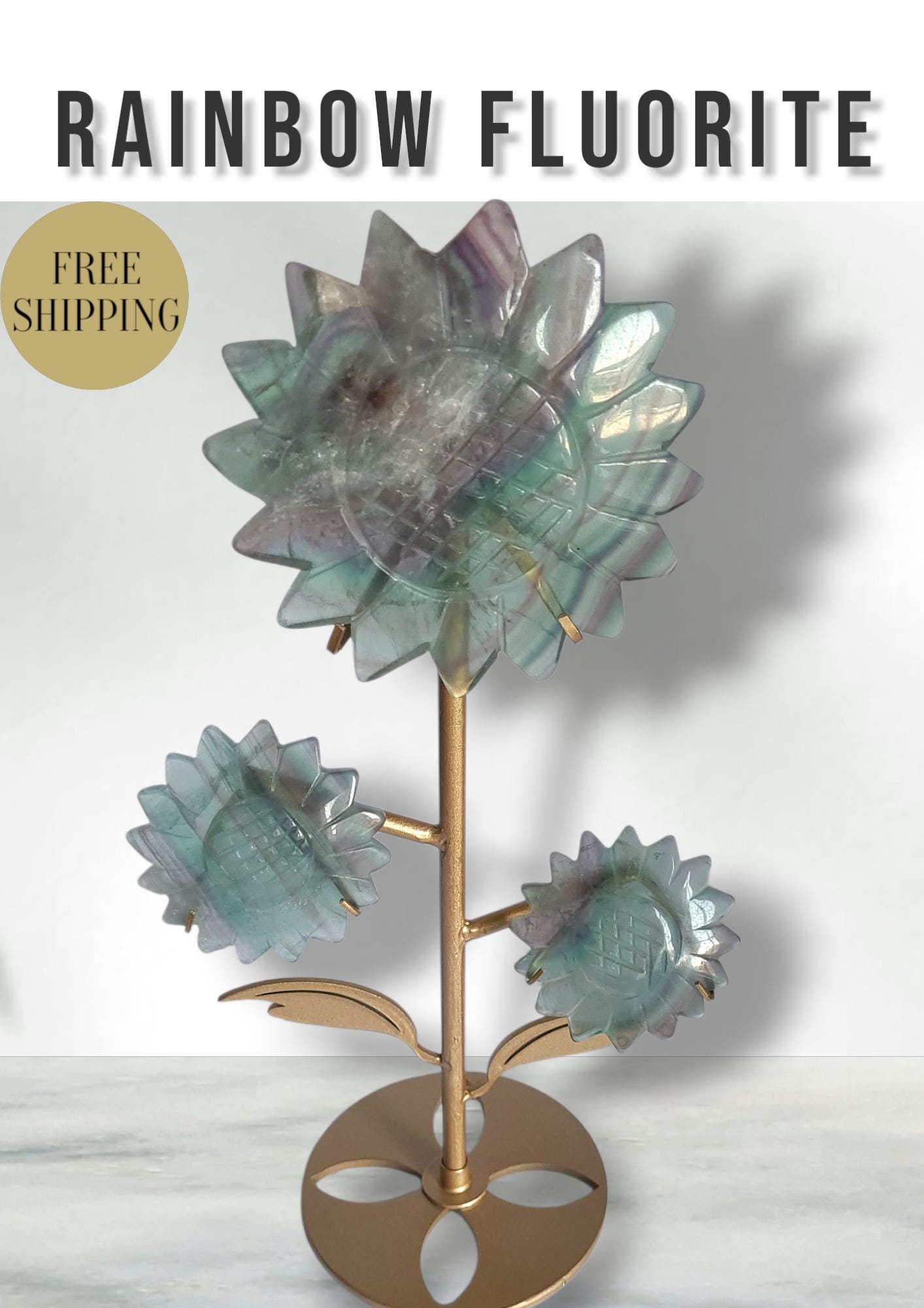 Rainbow Fluorite Sunflower Set: Crystal Carving with Display Stand
