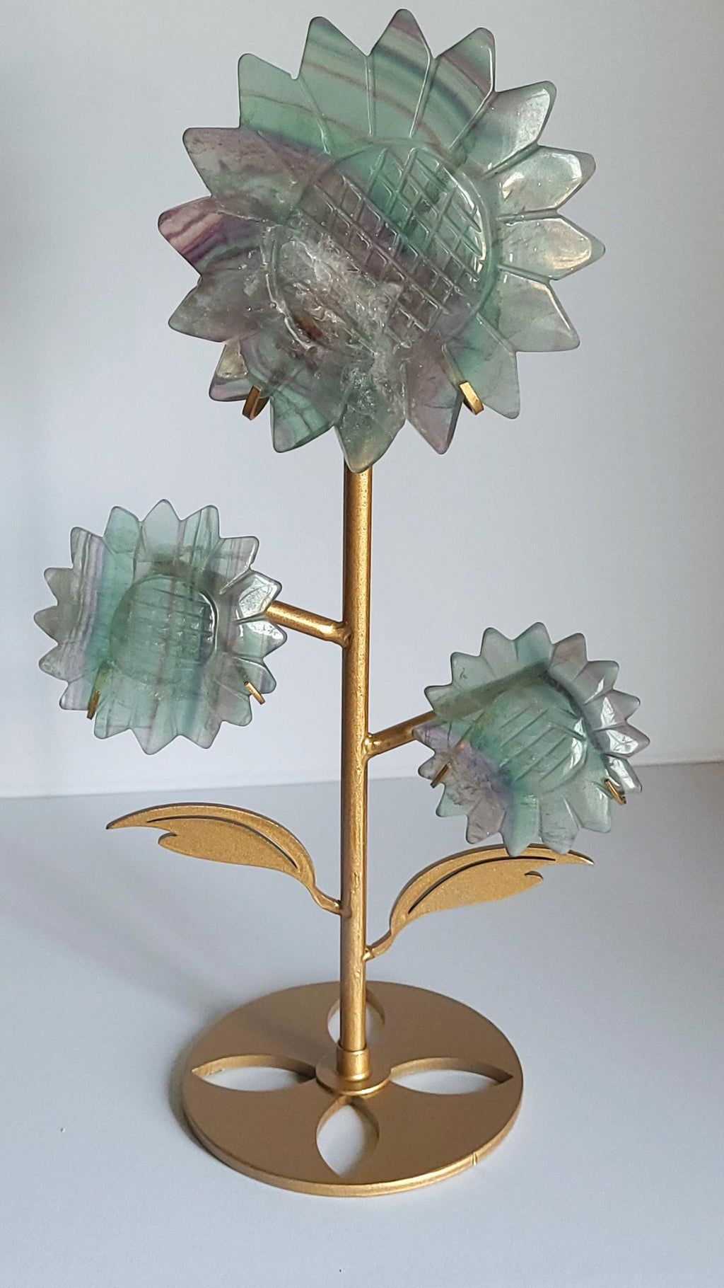 Rainbow Fluorite Sunflower Set: Crystal Carving with Display Stand