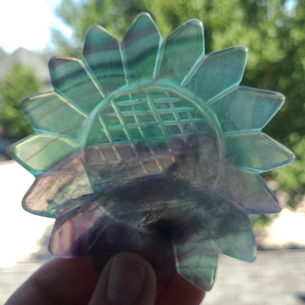 Rainbow Fluorite Sunflower Set: Crystal Carving with Display Stand