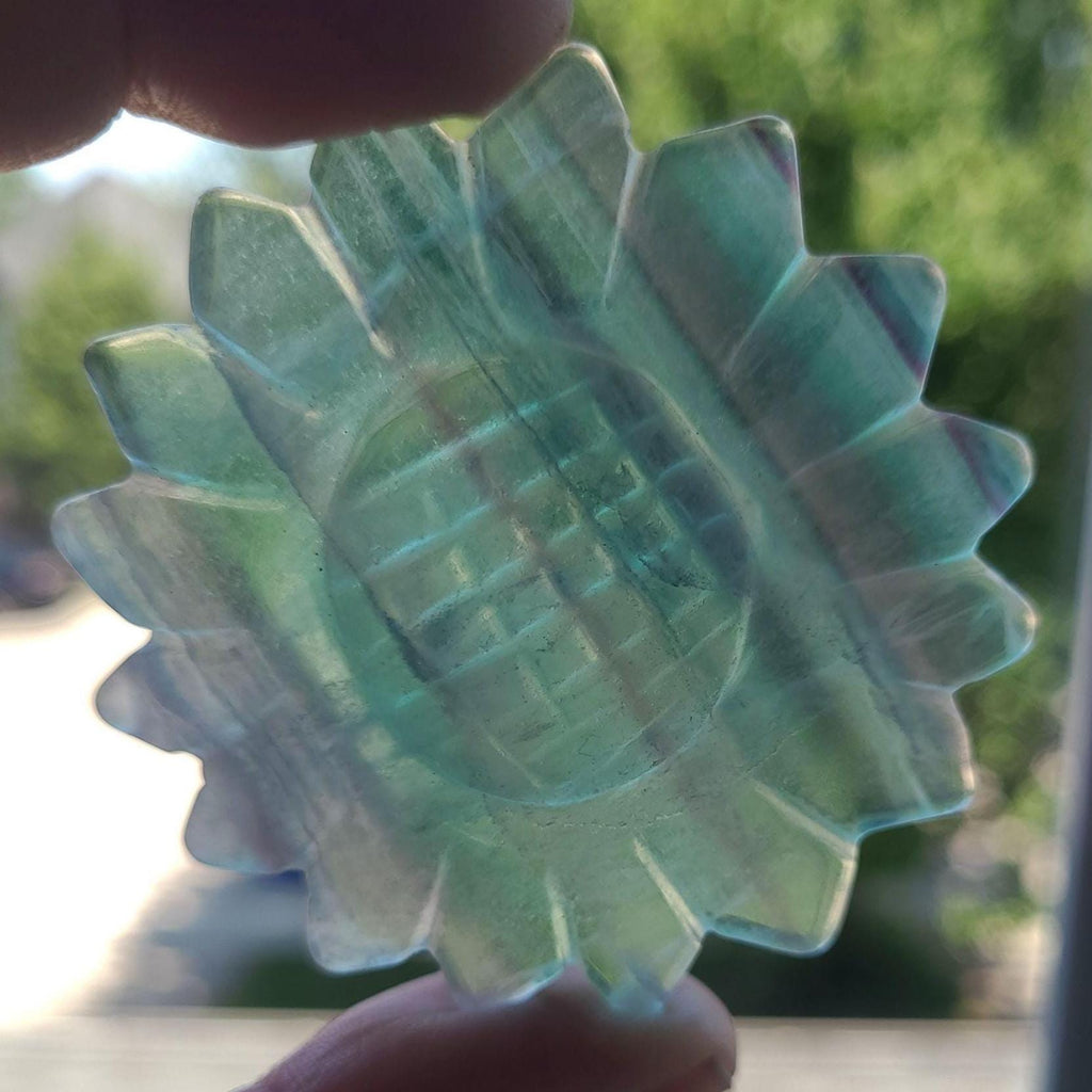 Rainbow Fluorite Sunflower Set: Crystal Carving with Display Stand