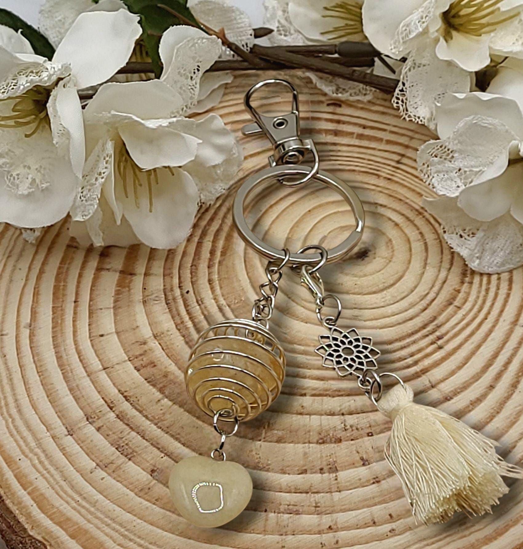 Crystal Cage Keychain: Gemstone Tassel Keyring - Tree of Life Charm
