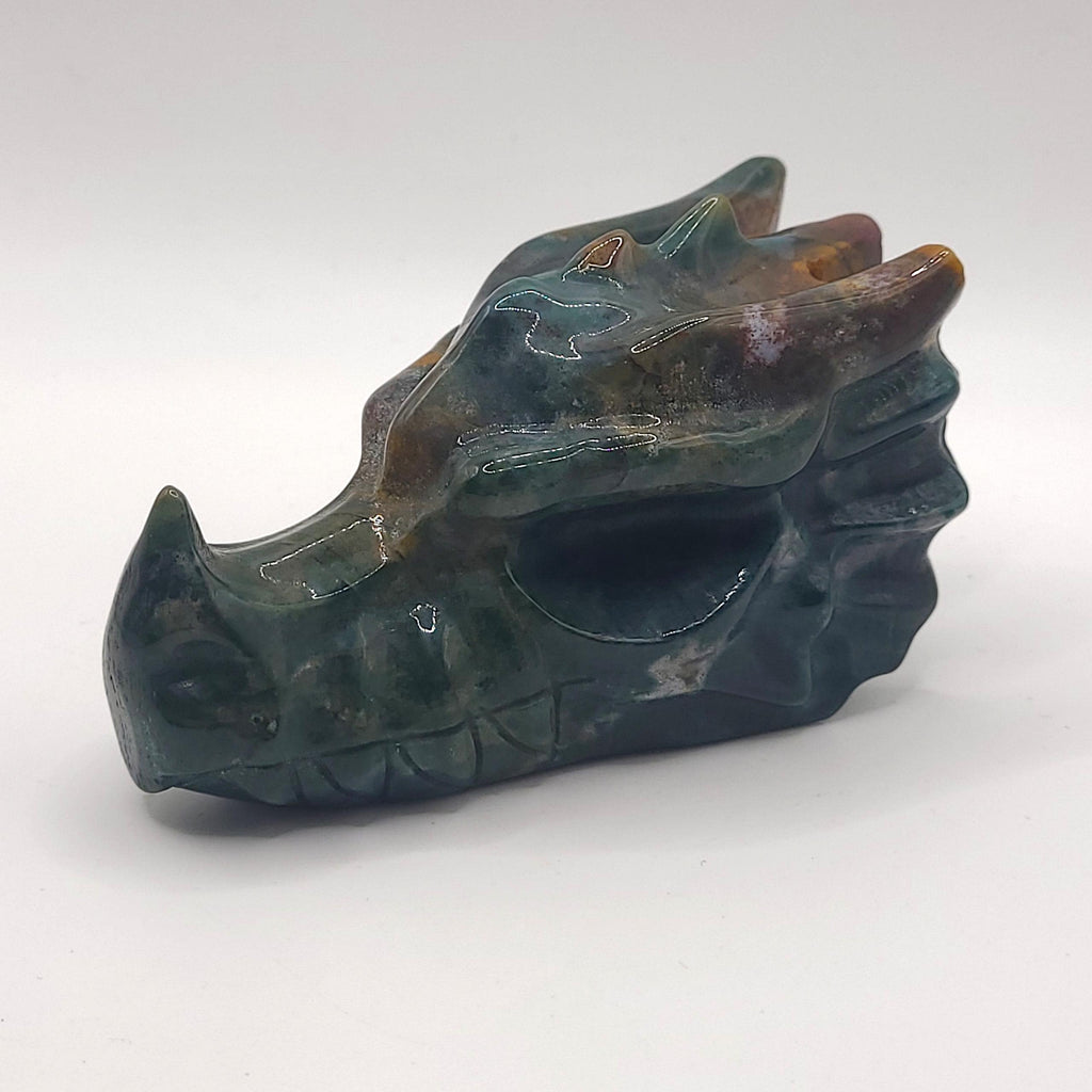 Ocean Jasper Dragon Skull Carving  Orbicular Crystal Collector Piece  Gothic Home Décor