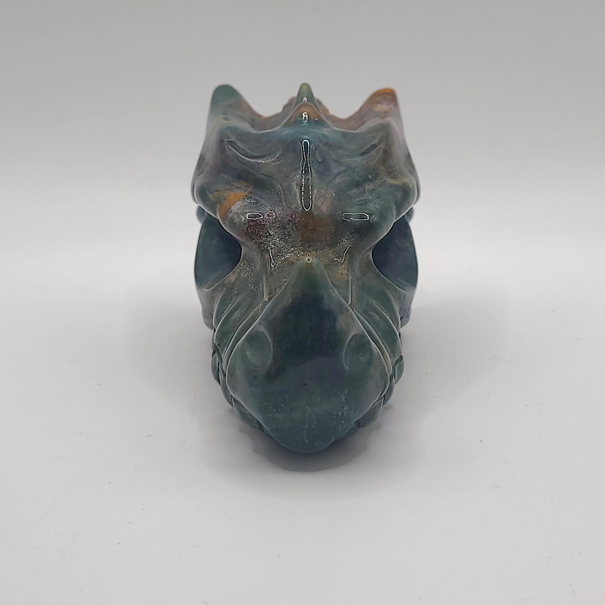Ocean Jasper Dragon Skull Carving  Orbicular Crystal Collector Piece  Gothic Home Décor