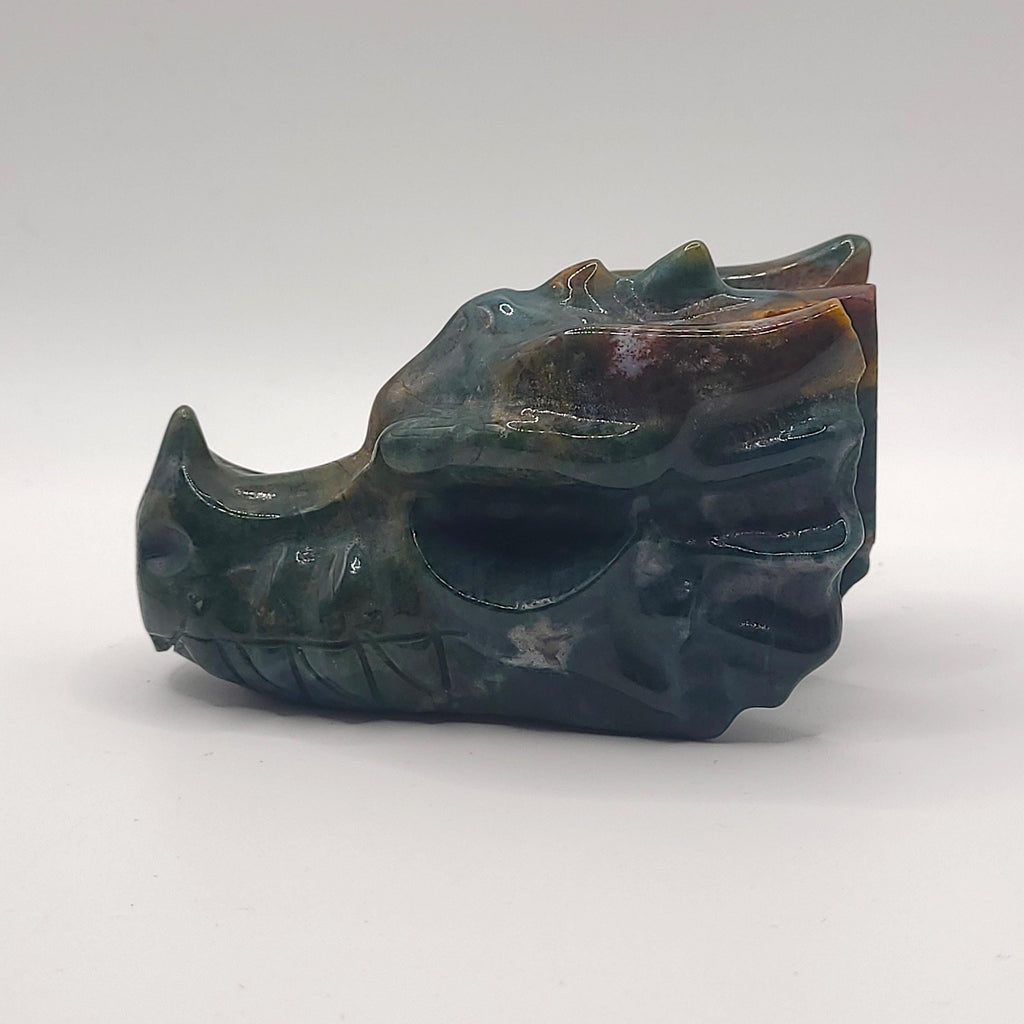 Ocean Jasper Dragon Skull Carving  Orbicular Crystal Collector Piece  Gothic Home Décor