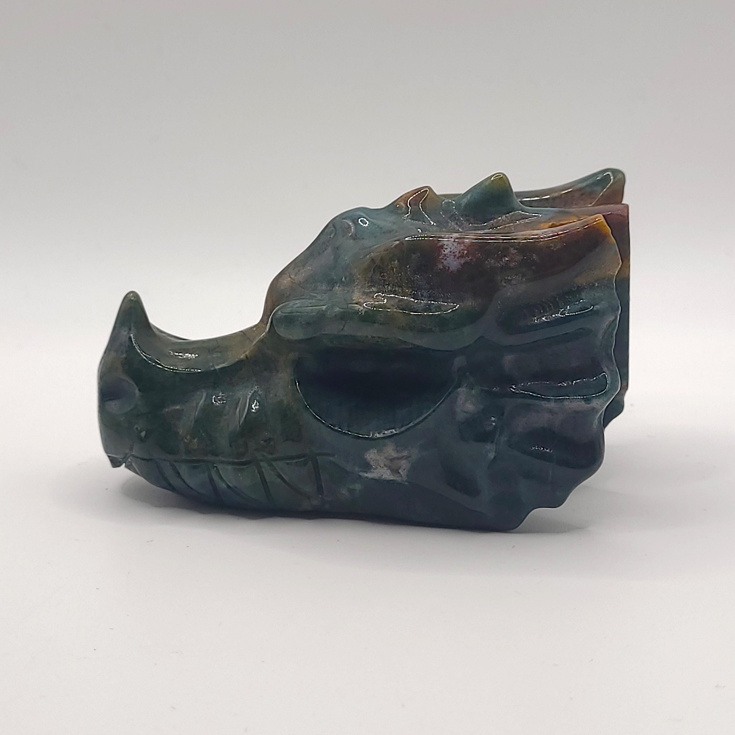 Ocean Jasper Dragon Skull Carving  Orbicular Crystal Collector Piece  Gothic Home Décor