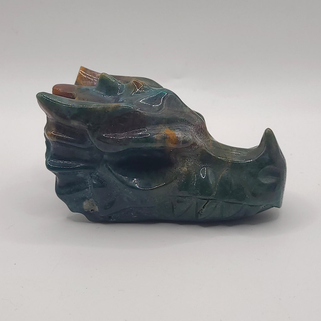 Ocean Jasper Dragon Skull Carving  Orbicular Crystal Collector Piece  Gothic Home Décor