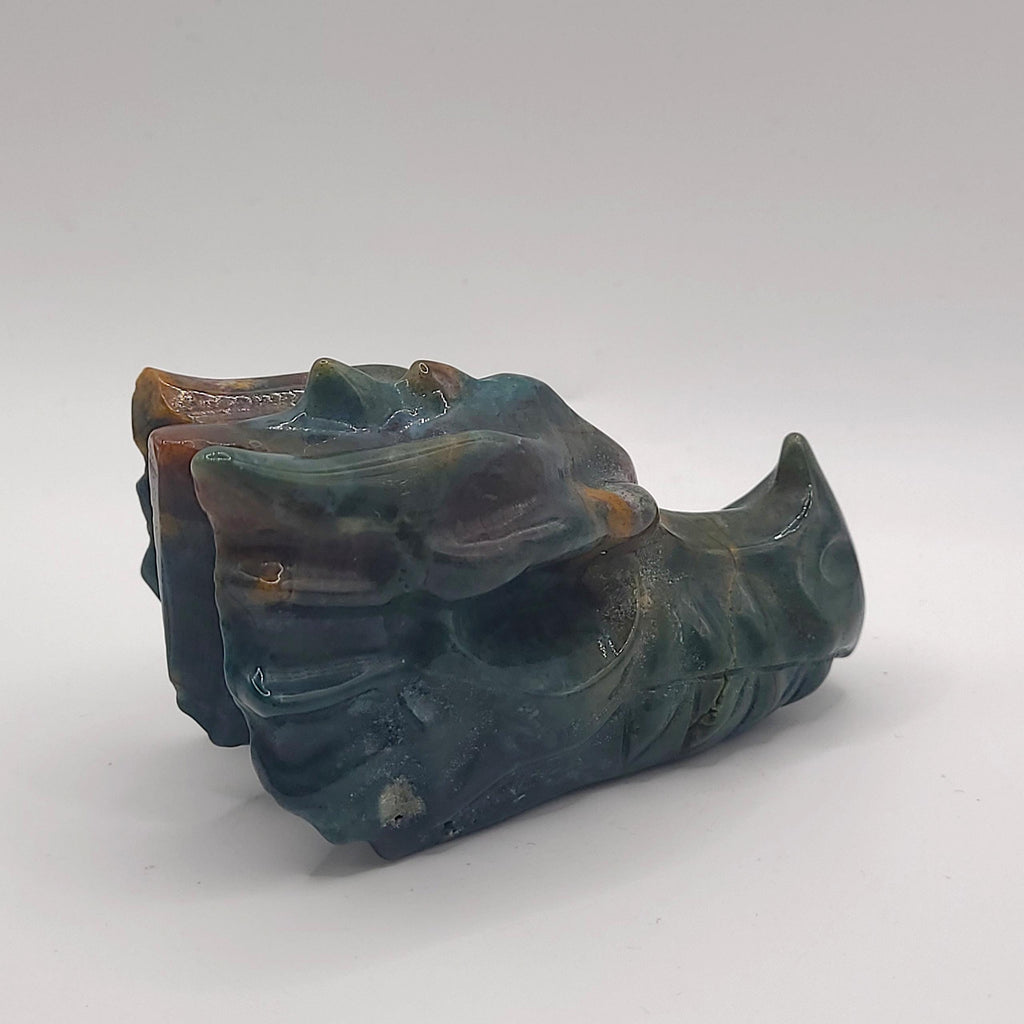 Ocean Jasper Dragon Skull Carving  Orbicular Crystal Collector Piece  Gothic Home Décor