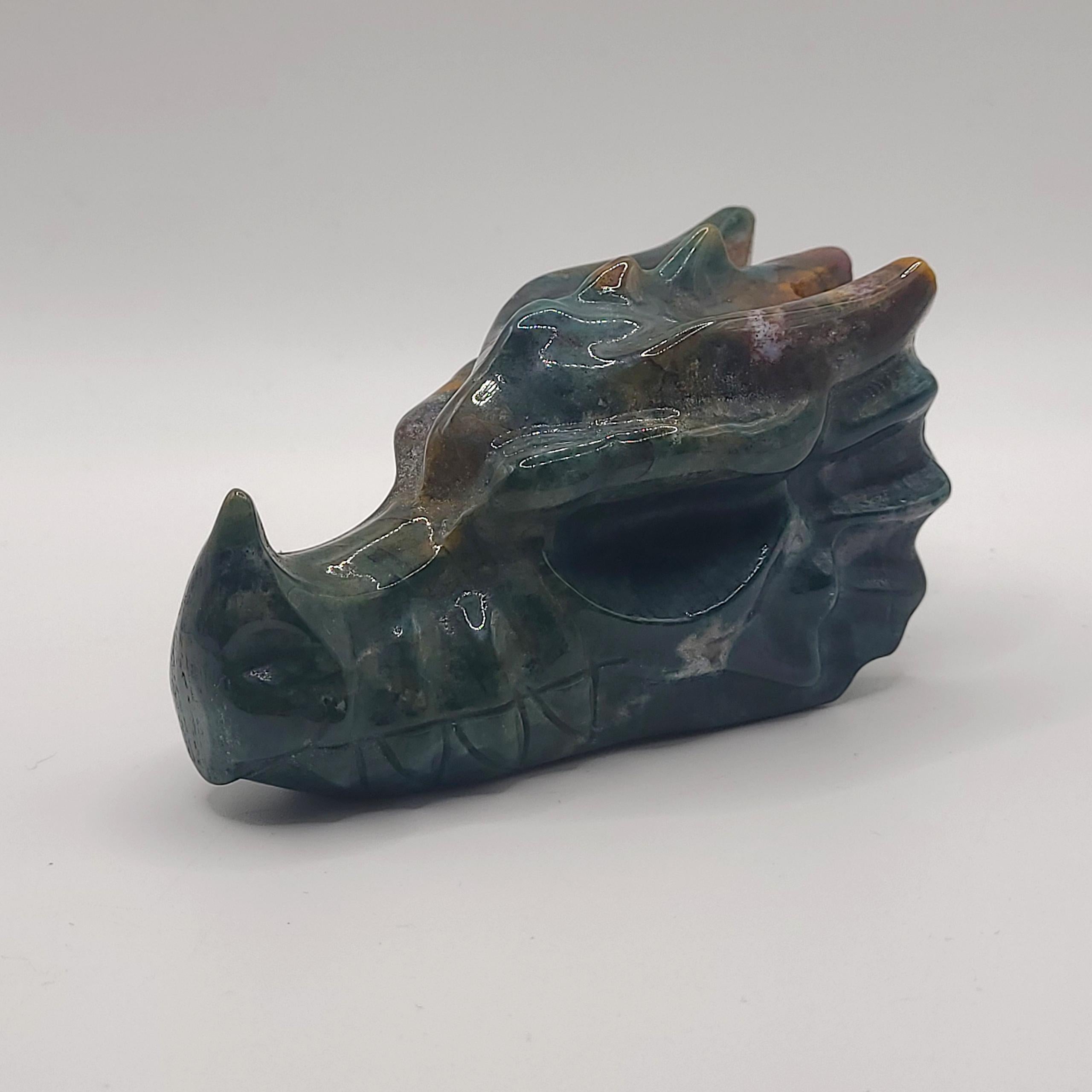 Ocean Jasper Dragon Skull Carving  Orbicular Crystal Collector Piece  Gothic Home Décor
