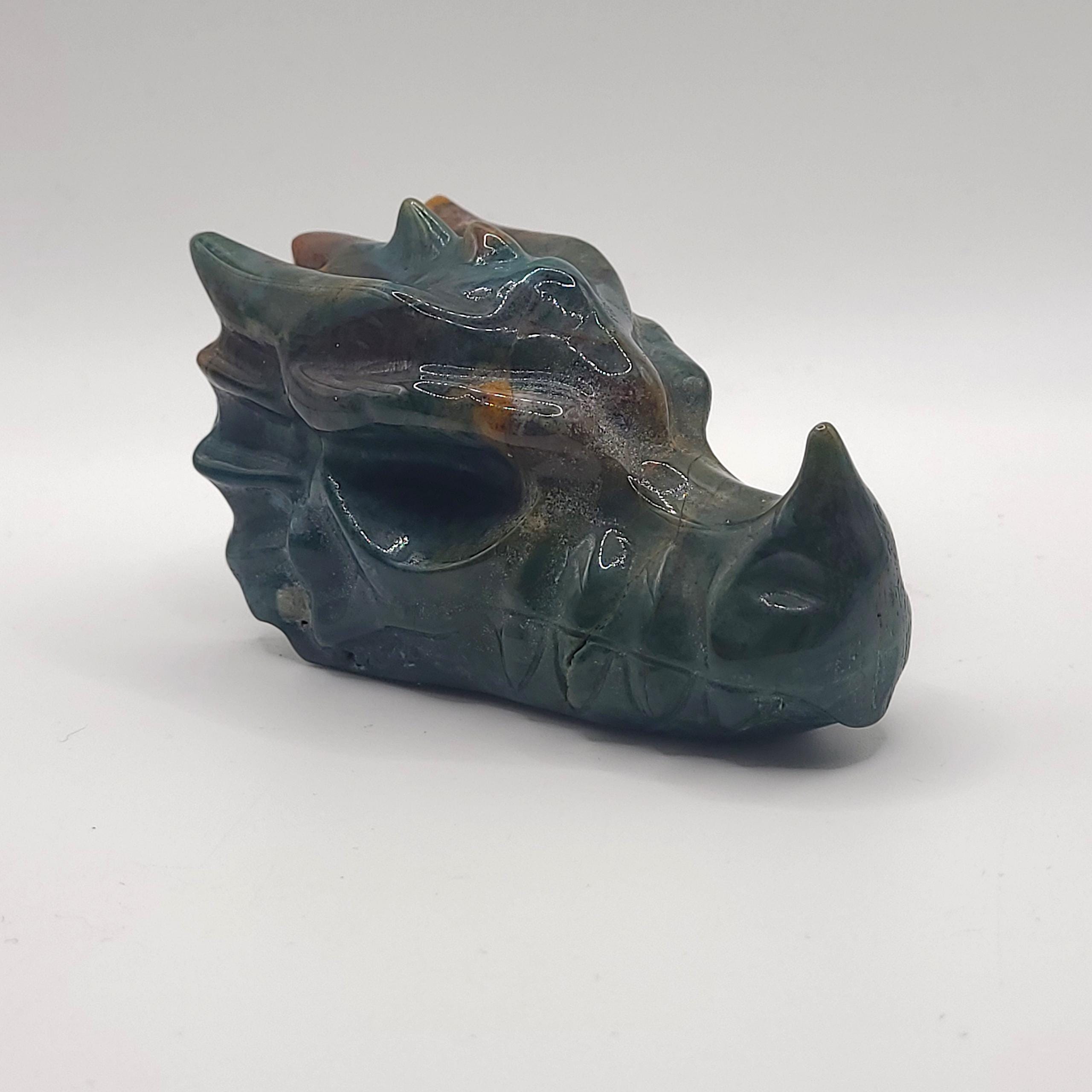 Ocean Jasper Dragon Skull Carving  Orbicular Crystal Collector Piece  Gothic Home Décor