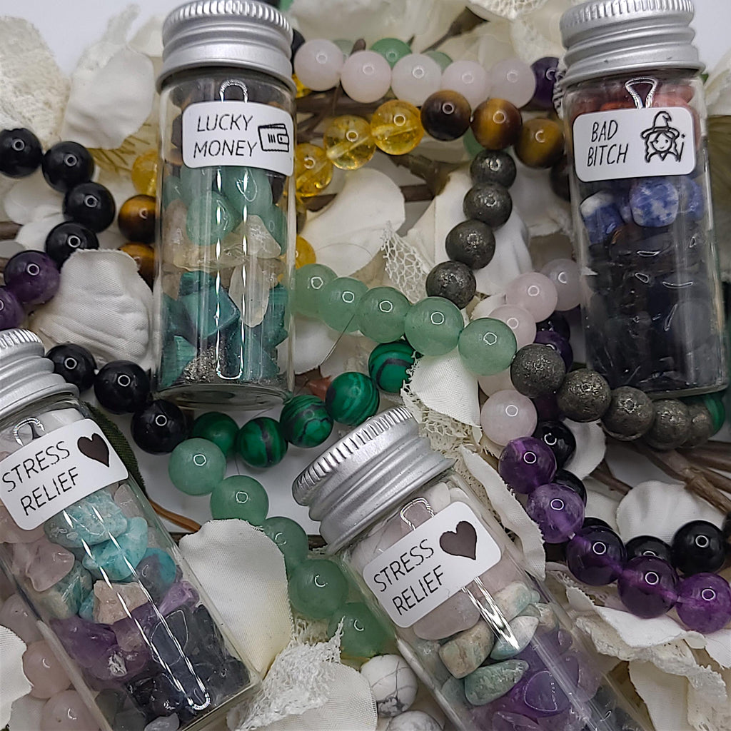 Handmade Intention Bracelet Set  Crystal Chip Jar, Lucky Money, Stress Relief, Bad Bitch vibes