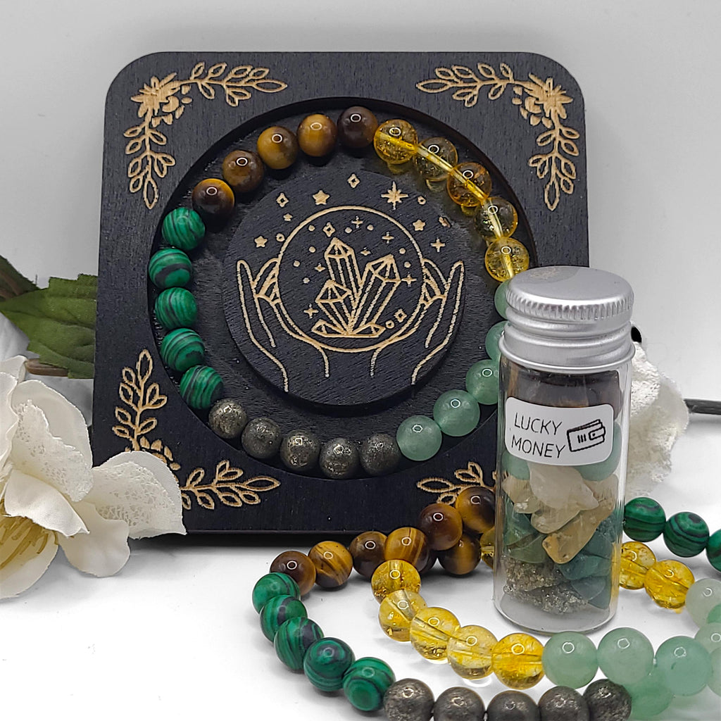 Handmade Intention Bracelet Set  Crystal Chip Jar, Lucky Money, Stress Relief, Bad Bitch vibes